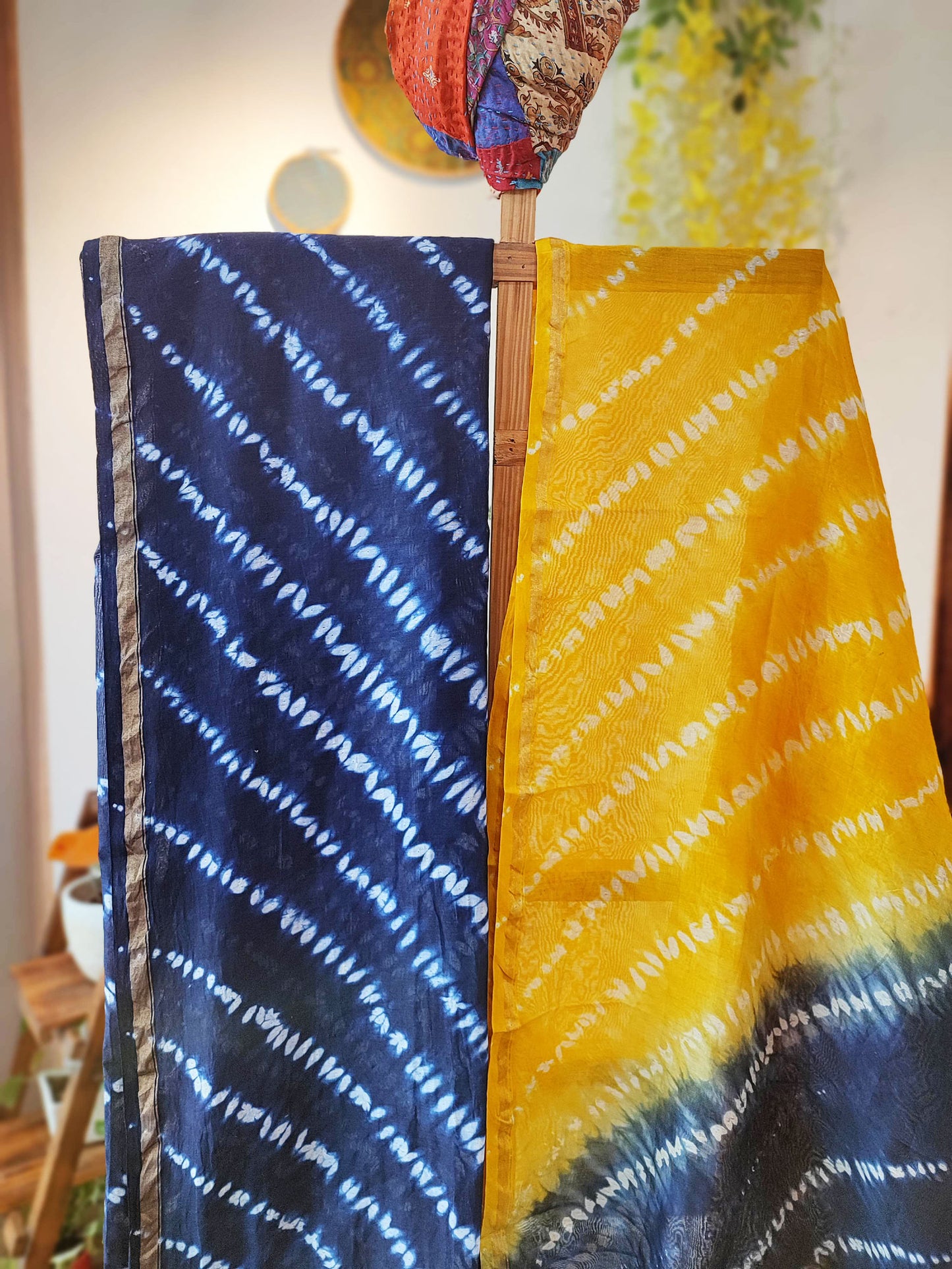 Yellow and Blue Dual Shade Chanderi Silk Suit with Shibori Work and Chanderi Silk Dupatta