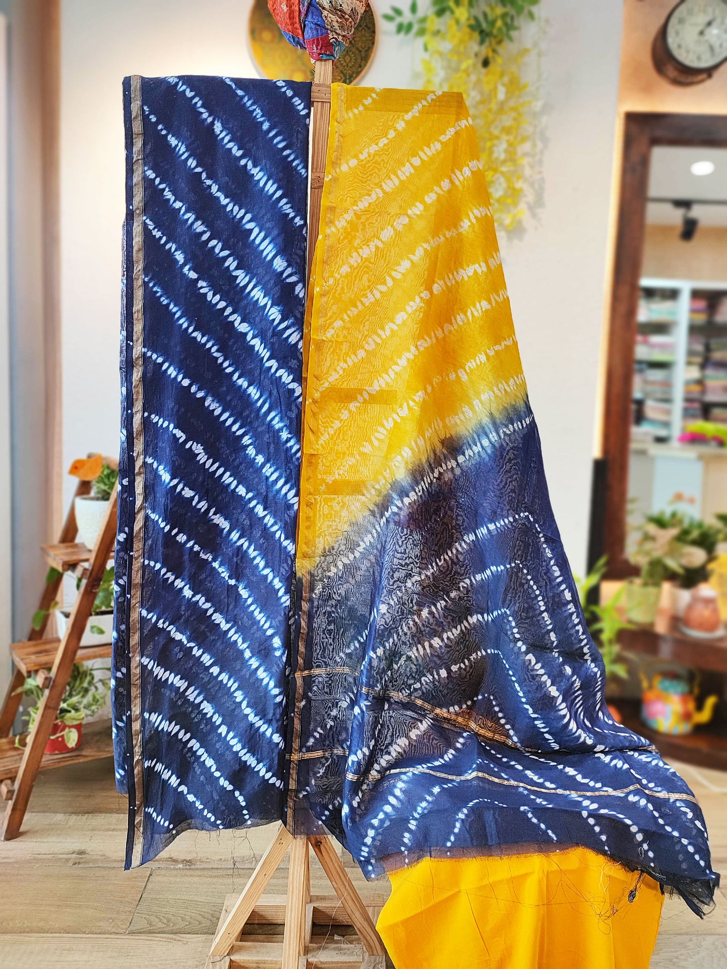 Yellow and Blue Dual Shade Chanderi Silk Suit with Shibori Work and Chanderi Silk Dupatta