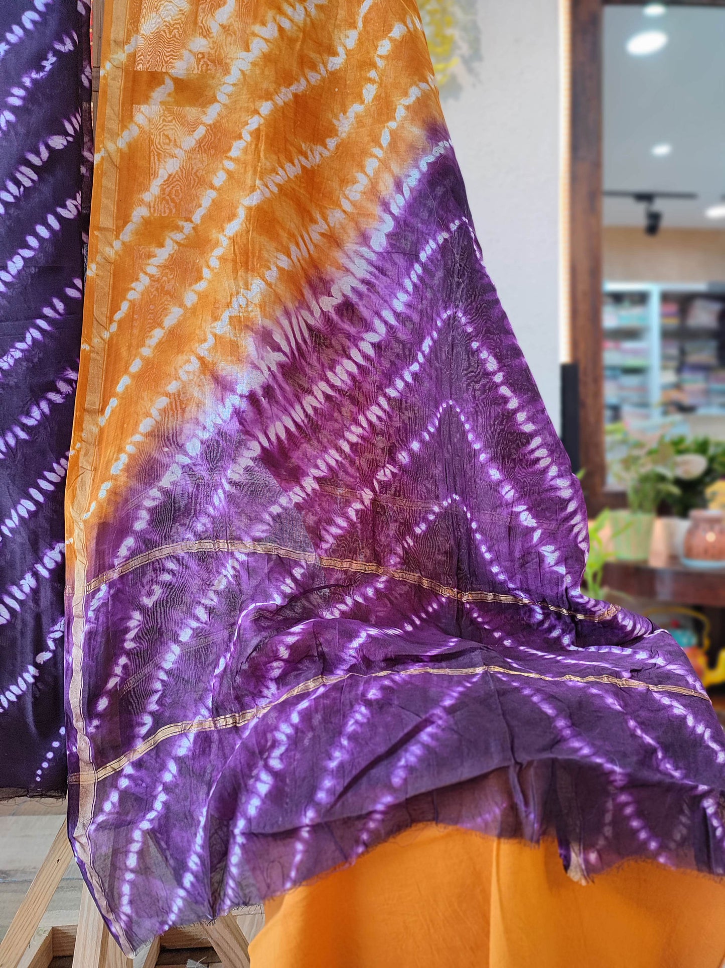 Orange and Purple Dual Shade Chanderi Silk Suit with Shibori Work and Chanderi Silk Dupatta