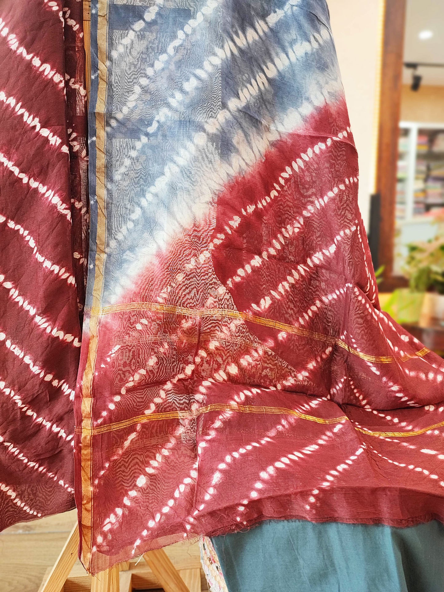 Steel Gray and Brick Red Dual Shade Chanderi Silk Suit with Shibori Work and Chanderi Silk Dupatta