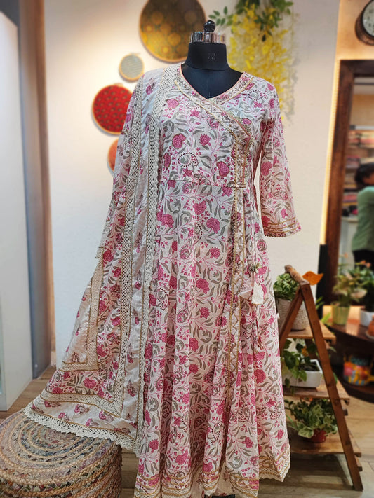 Cotton Flared Anarkali Suit with Gotta Embellishments With Laced Dupatta