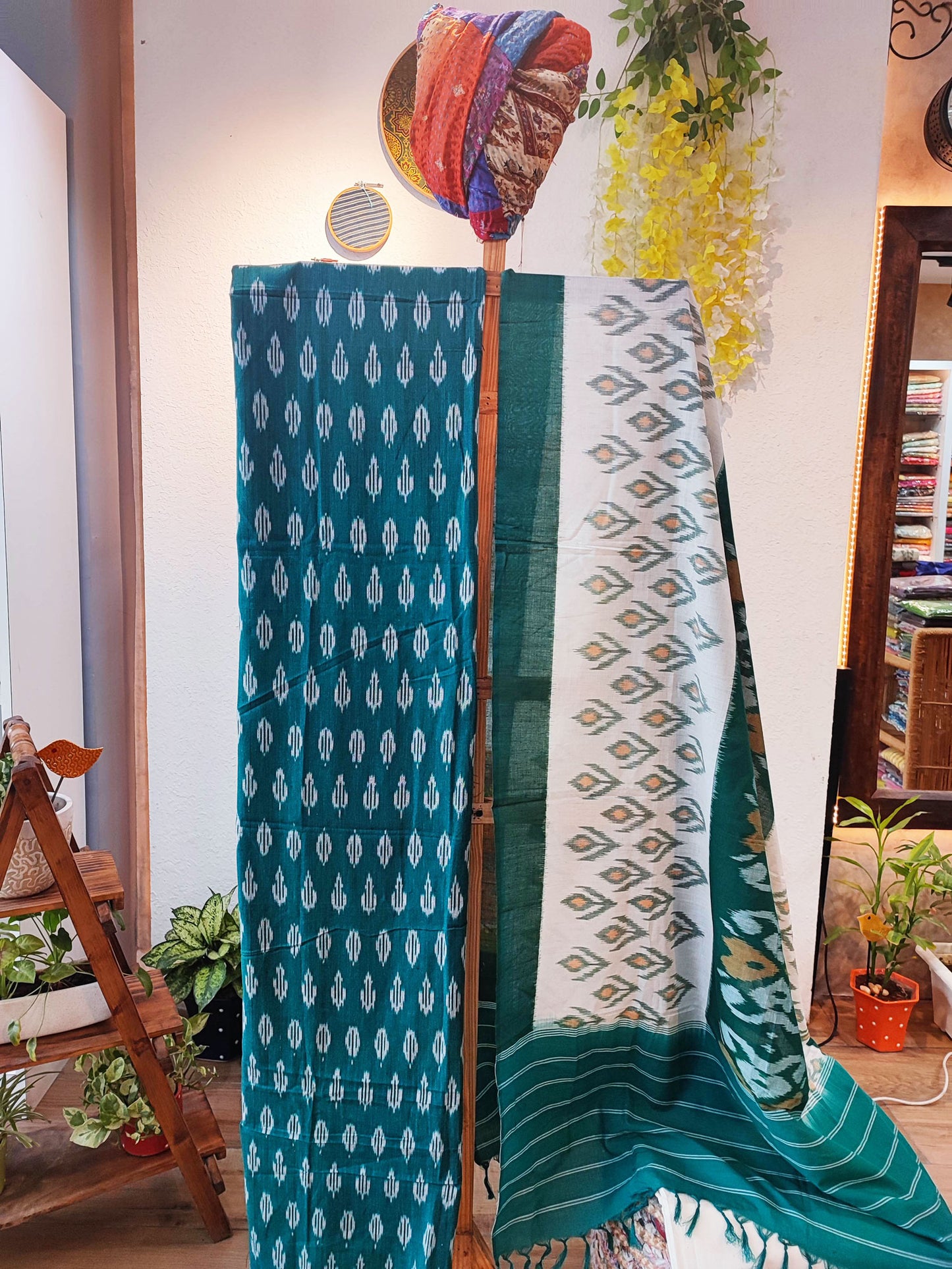 Sea Green & White Pure Cotton Handloom Ikkat Suit Set