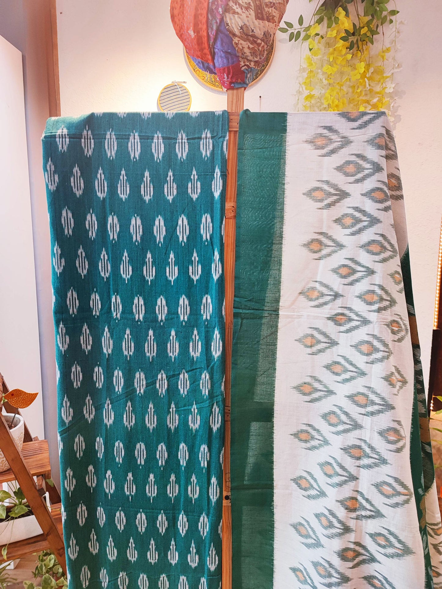 Sea Green & White Pure Cotton Handloom Ikkat Suit Set