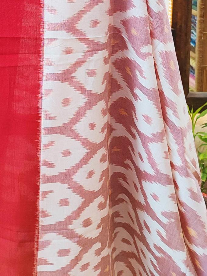 Red, Pastel Pink & White Pure Cotton Handloom Ikkat Suit Set