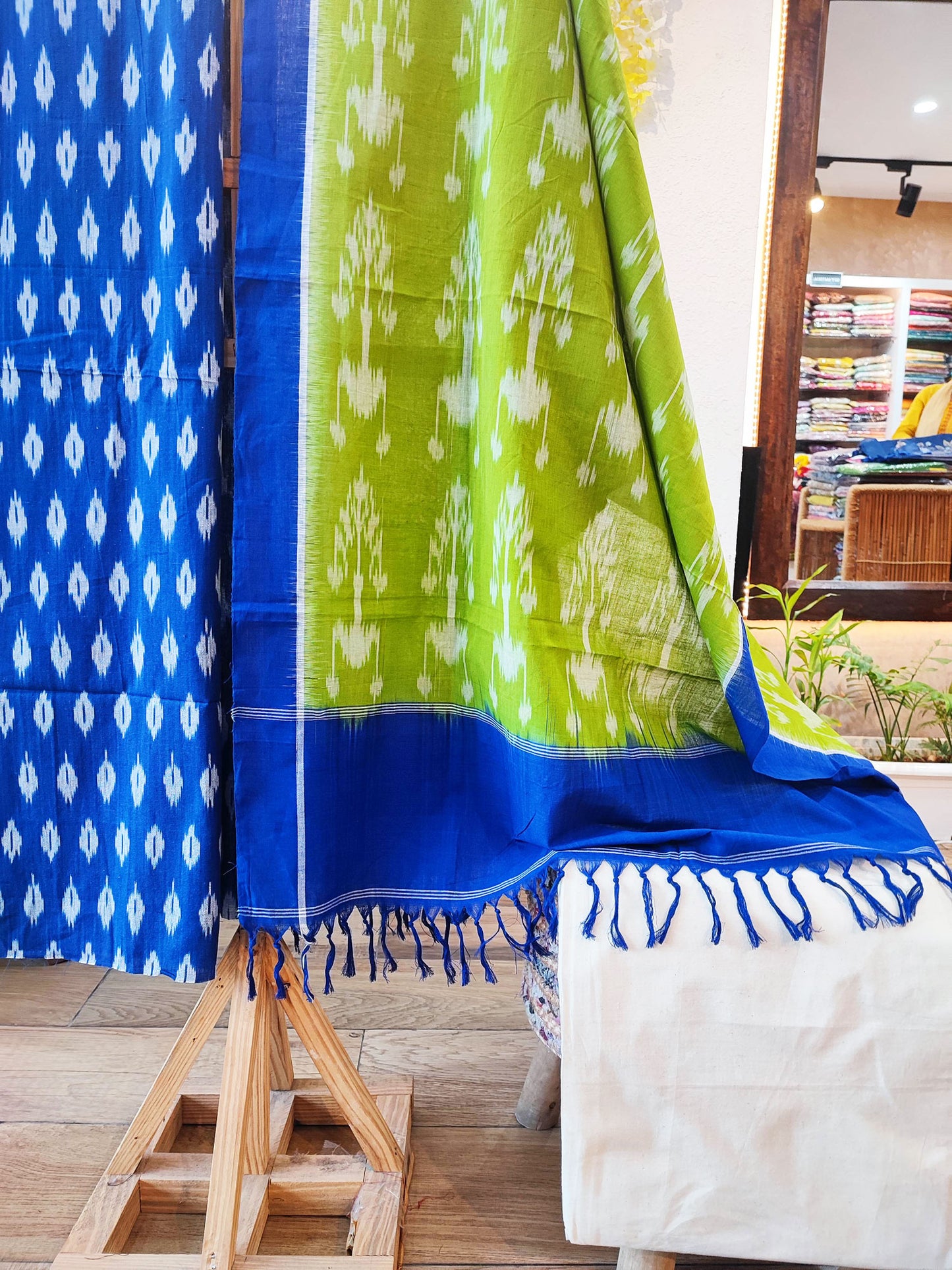 Cobalt Blue & Lime Green Pure Cotton Handloom Ikkat Suit Set