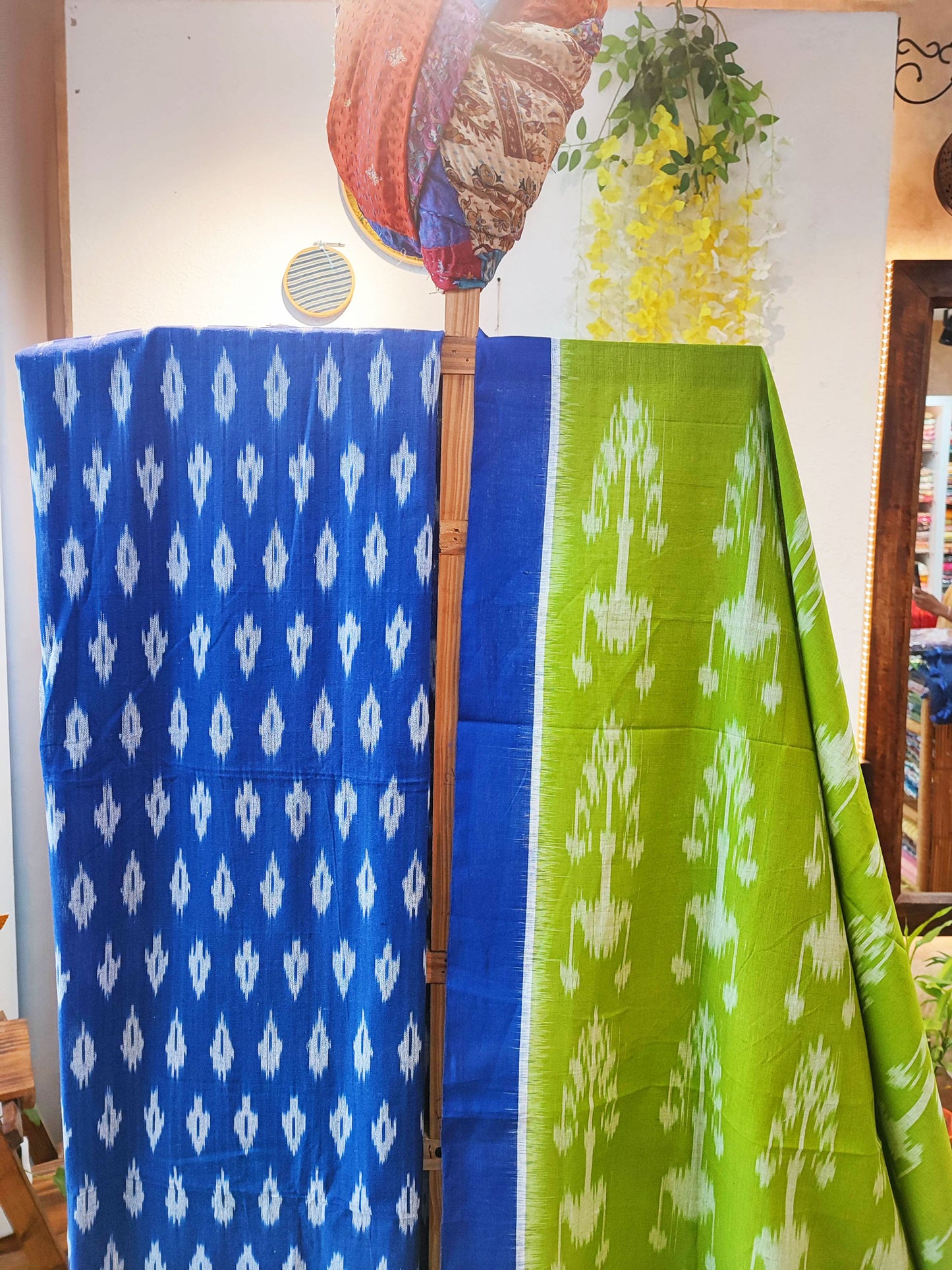 Cobalt Blue & Lime Green Pure Cotton Handloom Ikkat Suit Set