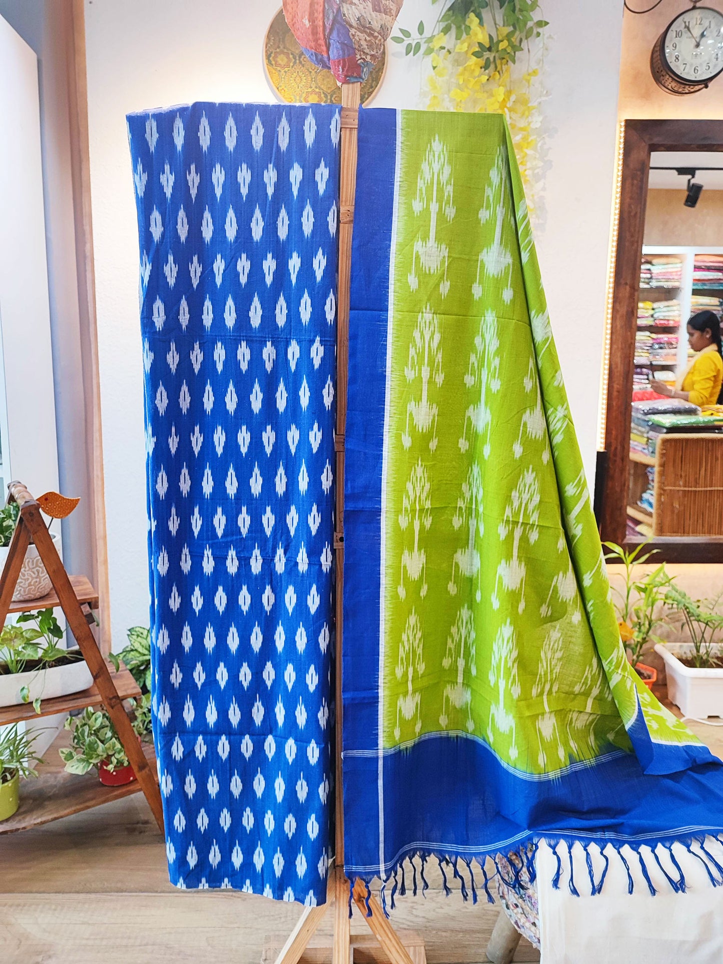 Cobalt Blue & Lime Green Pure Cotton Handloom Ikkat Suit Set