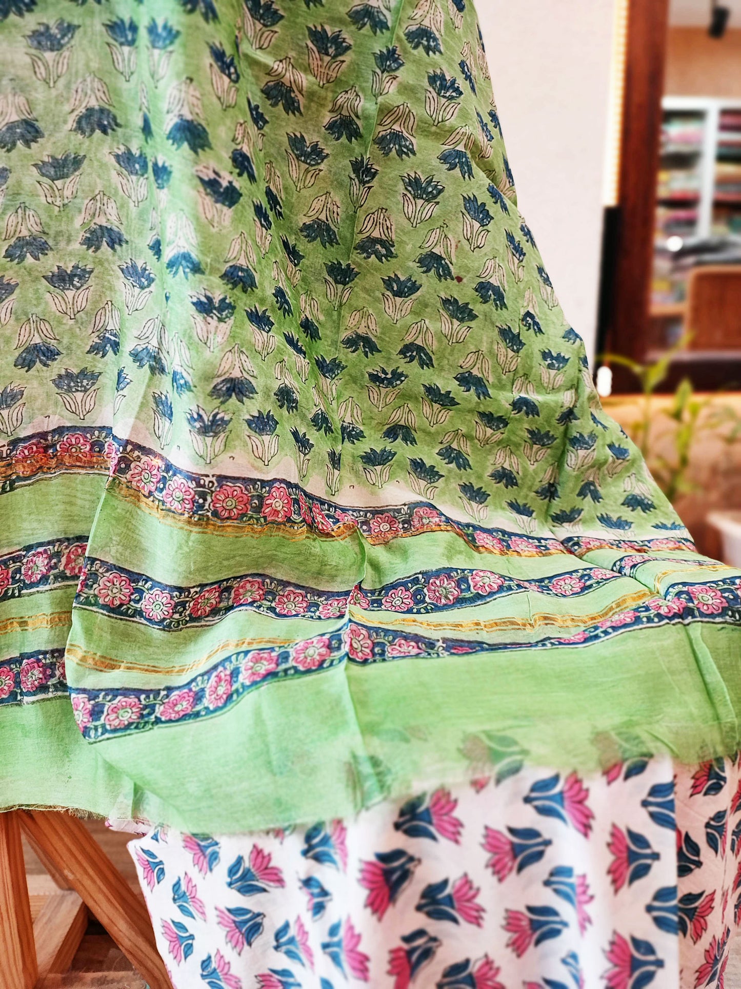 Pastel Green, Blue & Pink Chanderi Silk Suit Set with Floral Handblock Print