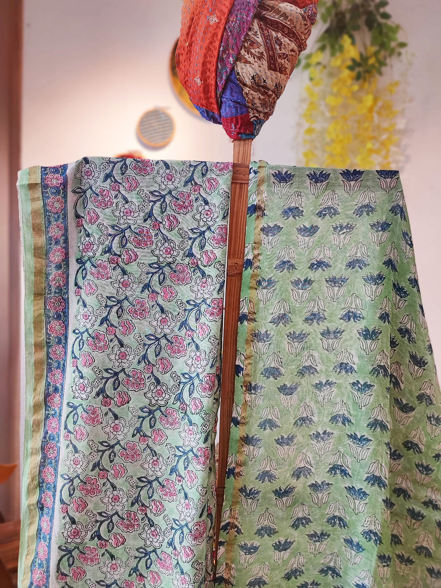 Pastel Green, Blue & Pink Chanderi Silk Suit Set with Floral Handblock Print