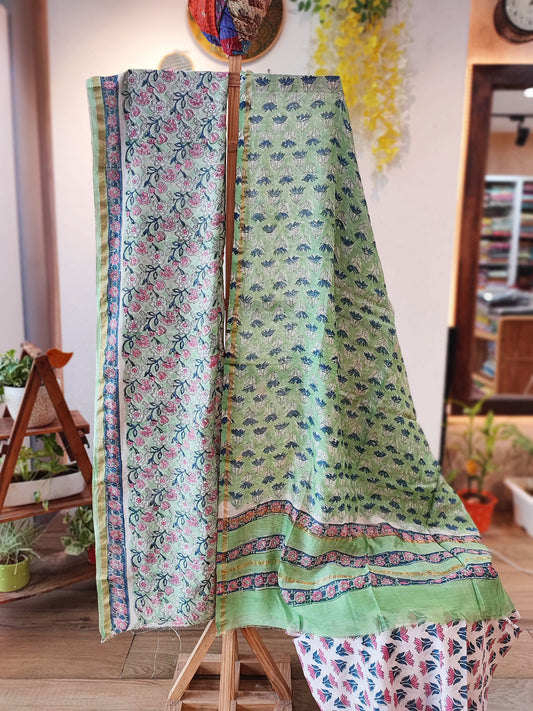 Pastel Green, Blue & Pink Chanderi Silk Suit Set with Floral Handblock Print