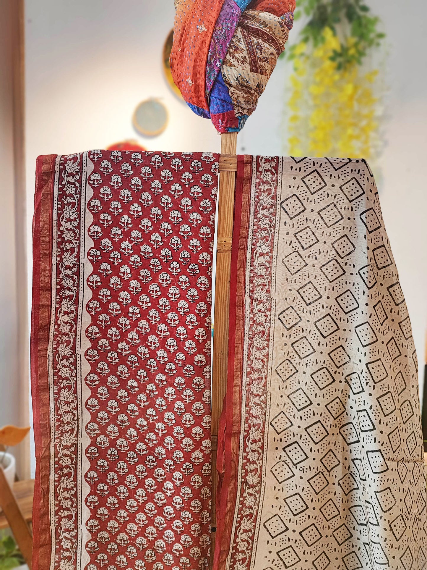 Brick Red, White & Black Chanderi Silk Suit Set with Floral Handblock & Geometric Print