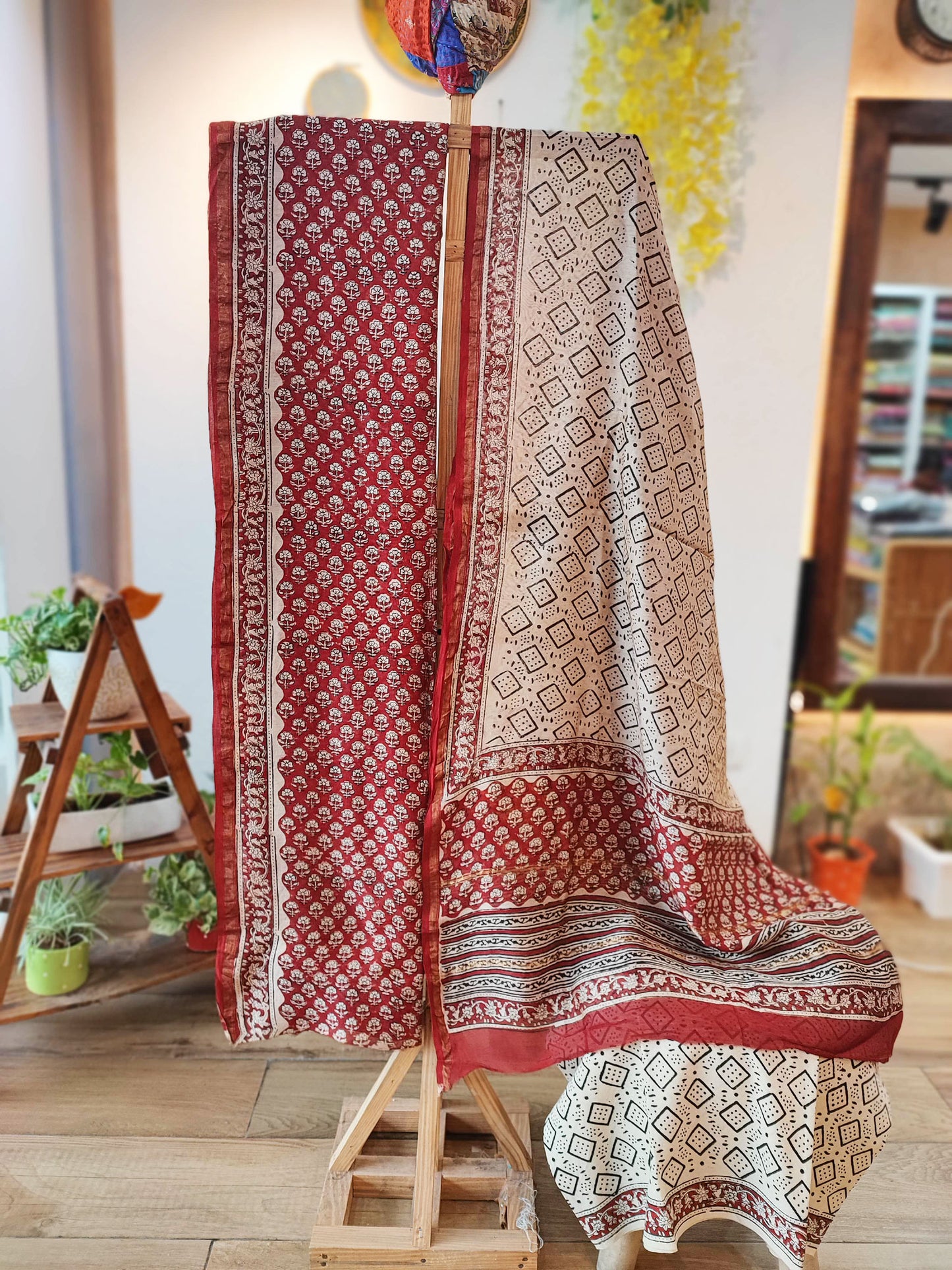 Brick Red, White & Black Chanderi Silk Suit Set with Floral Handblock & Geometric Print