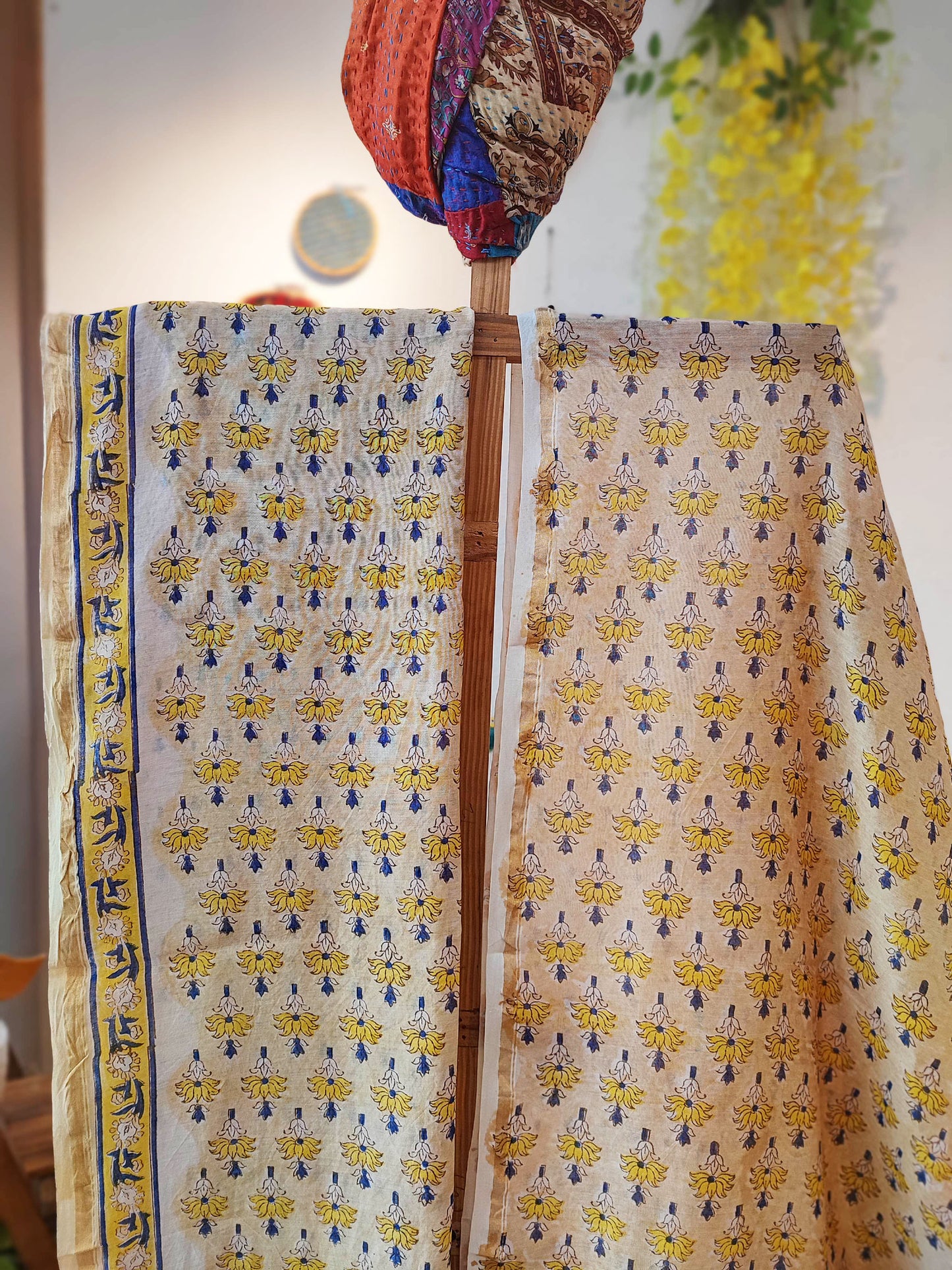 Yellow & Cream Chanderi Silk Suit Set with Floral Handblock & Geometric Print