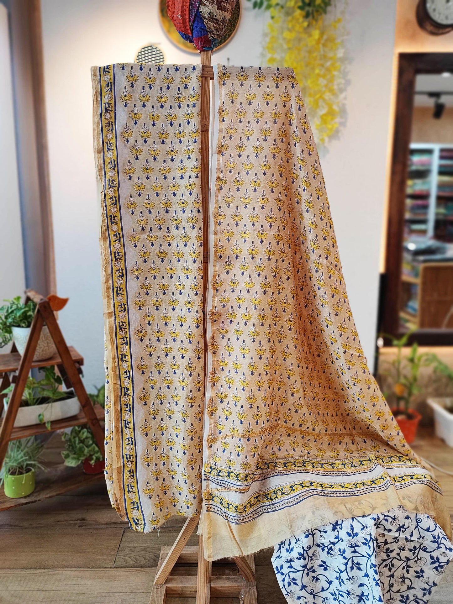 Yellow & Cream Chanderi Silk Suit Set with Floral Handblock & Geometric Print