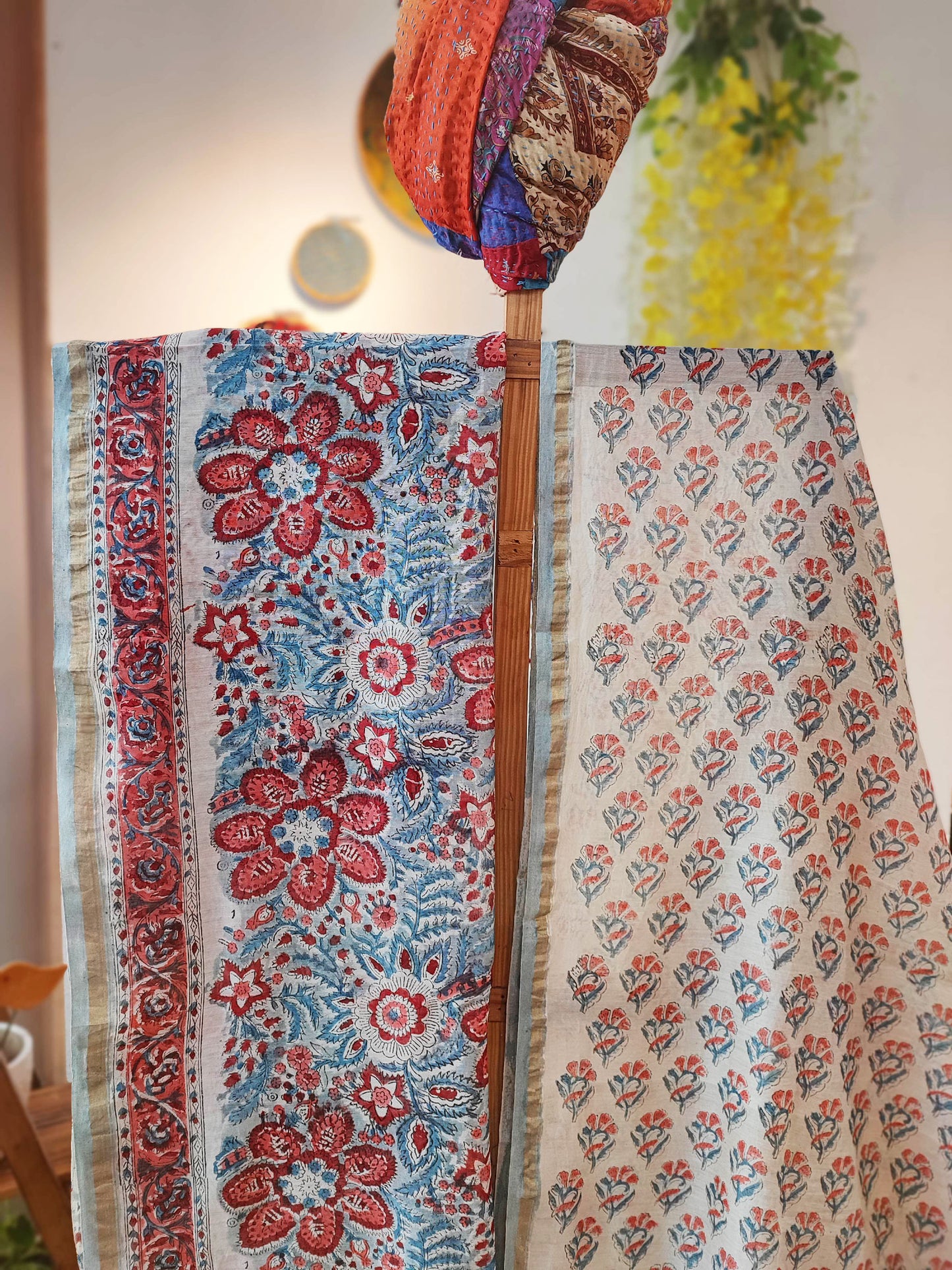 Sky Blue, Brick Red & White Chanderi Silk Suit Set with Floral Handblock Print