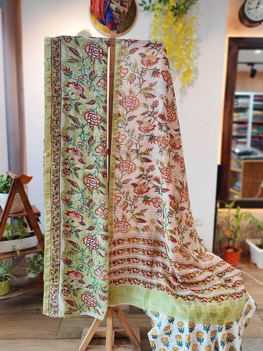 Pistachio, Brick Red & White Chanderi Silk Suit Set with Floral Handblock Print