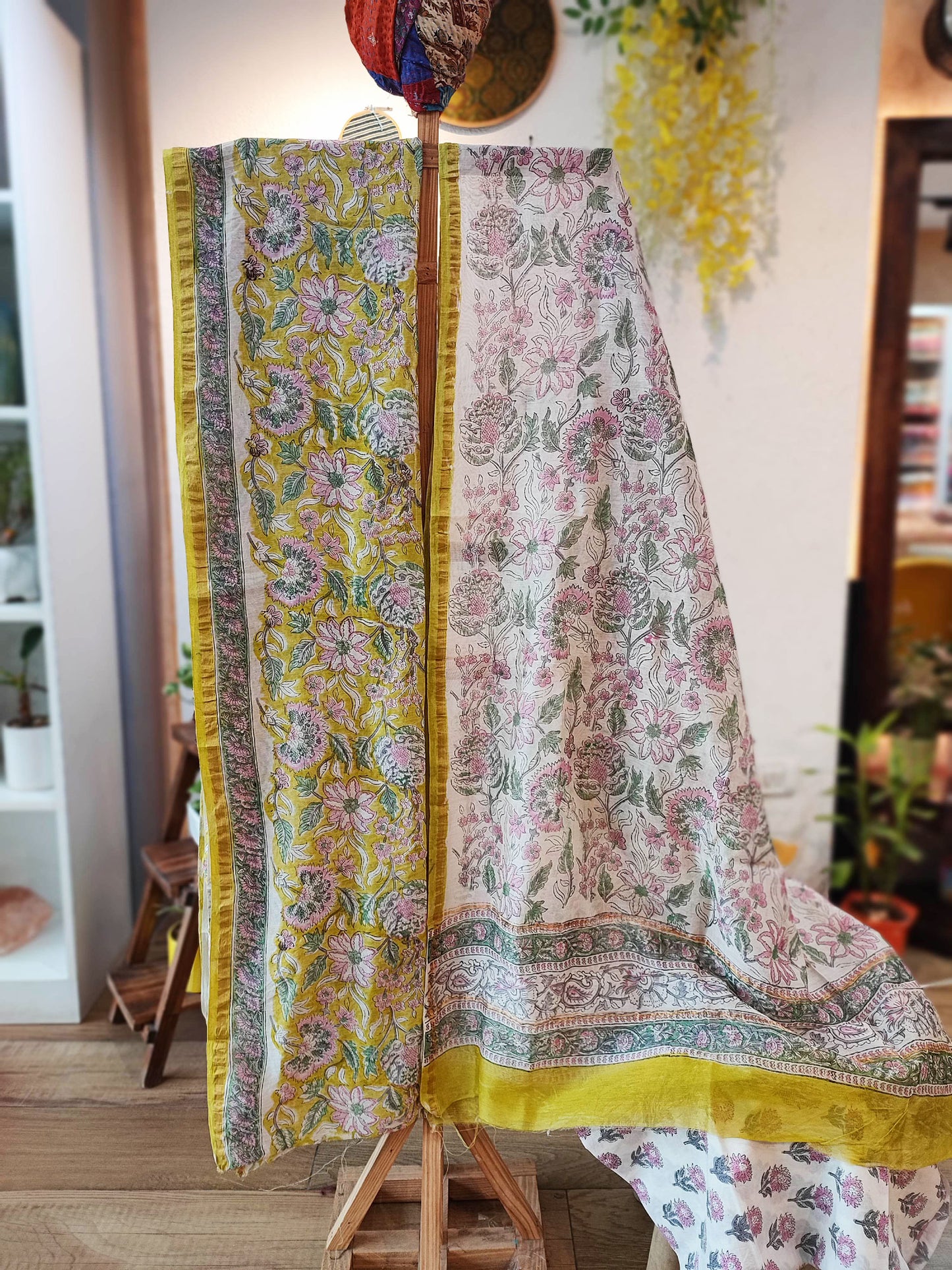 Daffodil Yellow, Green & Pink Chanderi Silk Suit Set with Floral Handblock Print