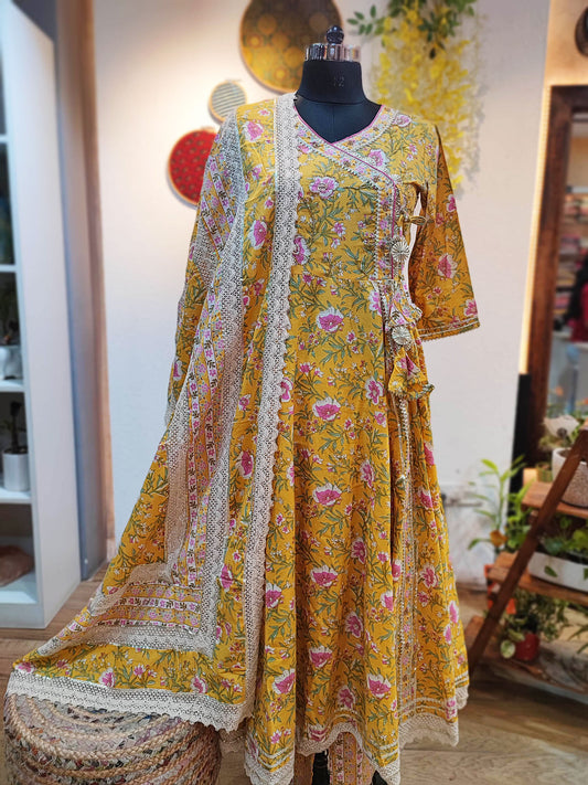 Yellow Cotton Flared Anarkali Suit with Gotta Embellishments With Laced Dupatta