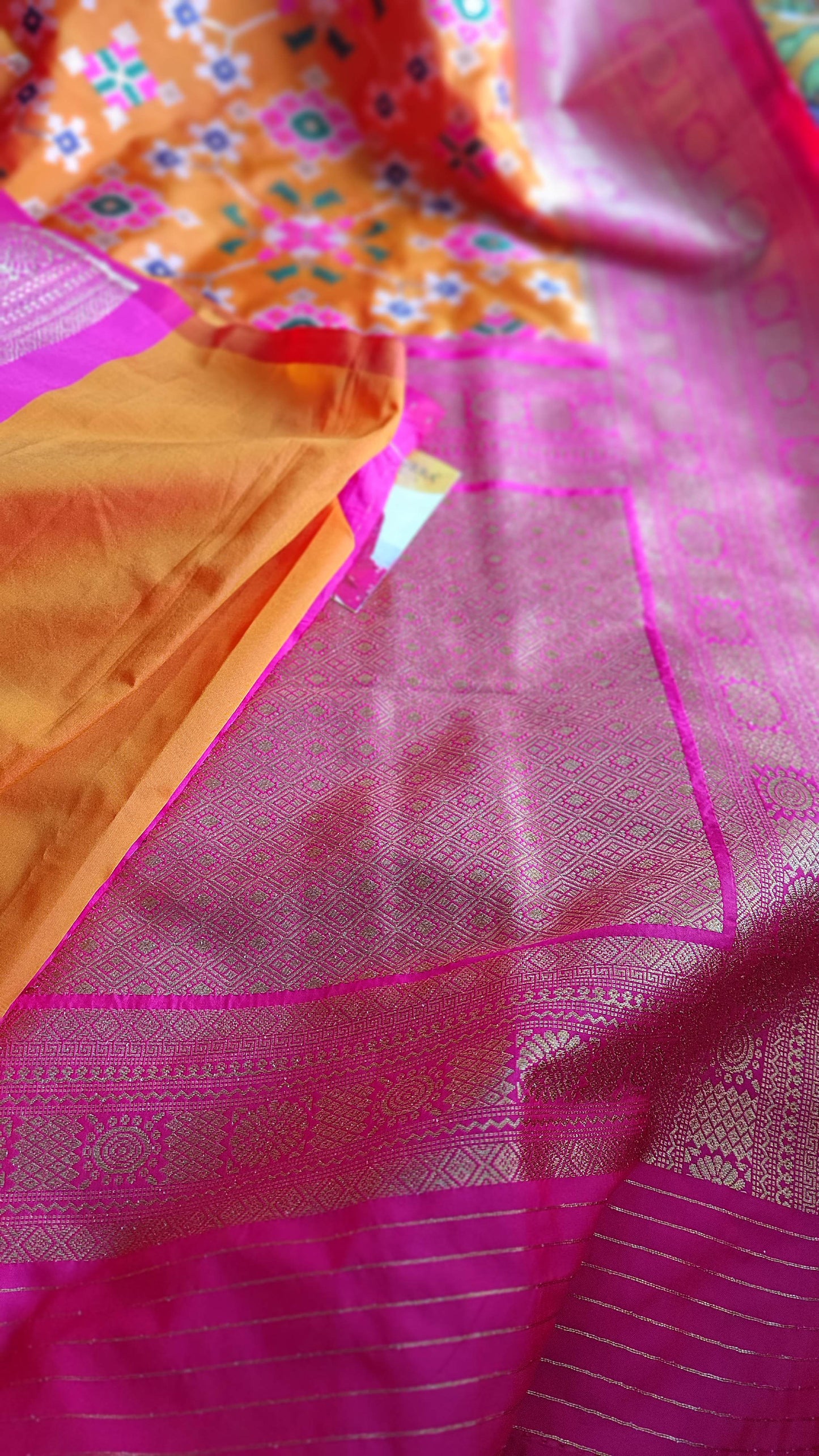 Marigold Yellow & Magenta Patola Silk Saree With Zari Border