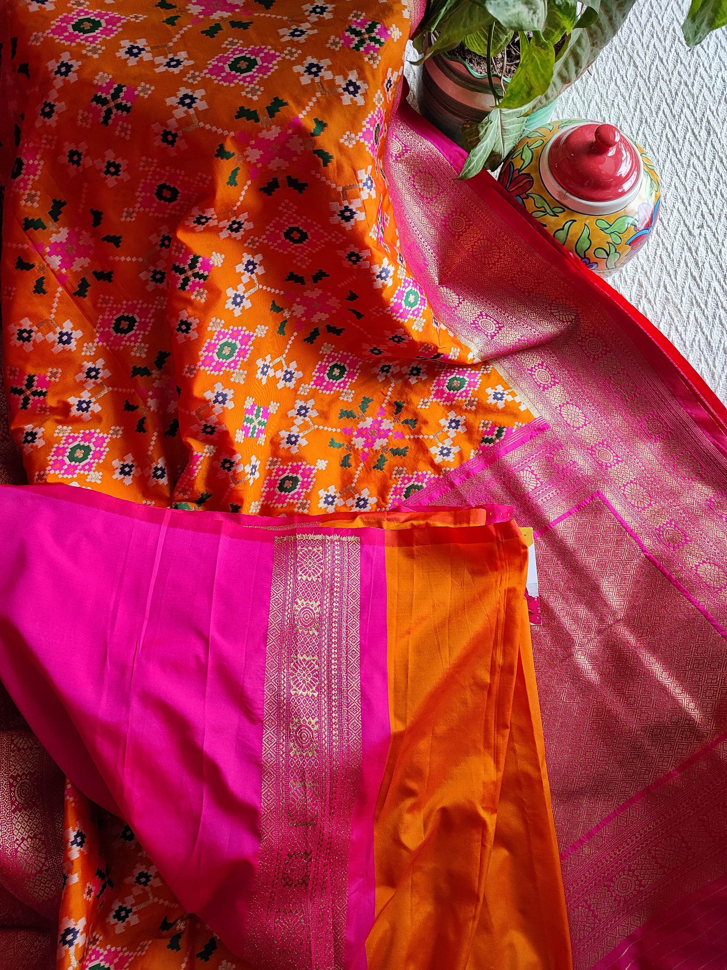 Marigold Yellow & Magenta Patola Silk Saree With Zari Border