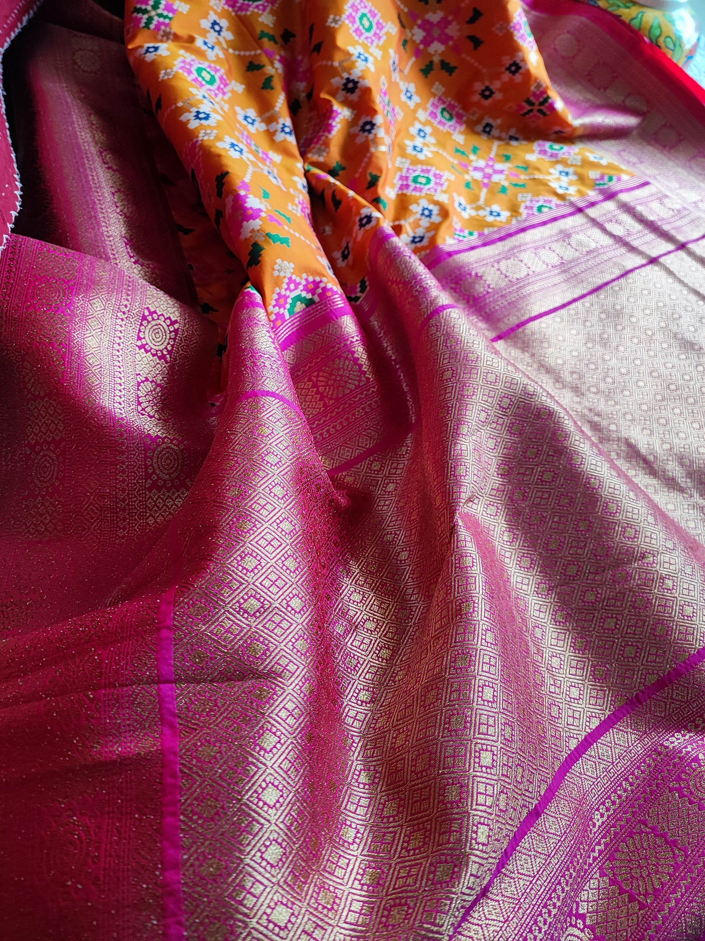 Marigold Yellow & Magenta Patola Silk Saree With Zari Border