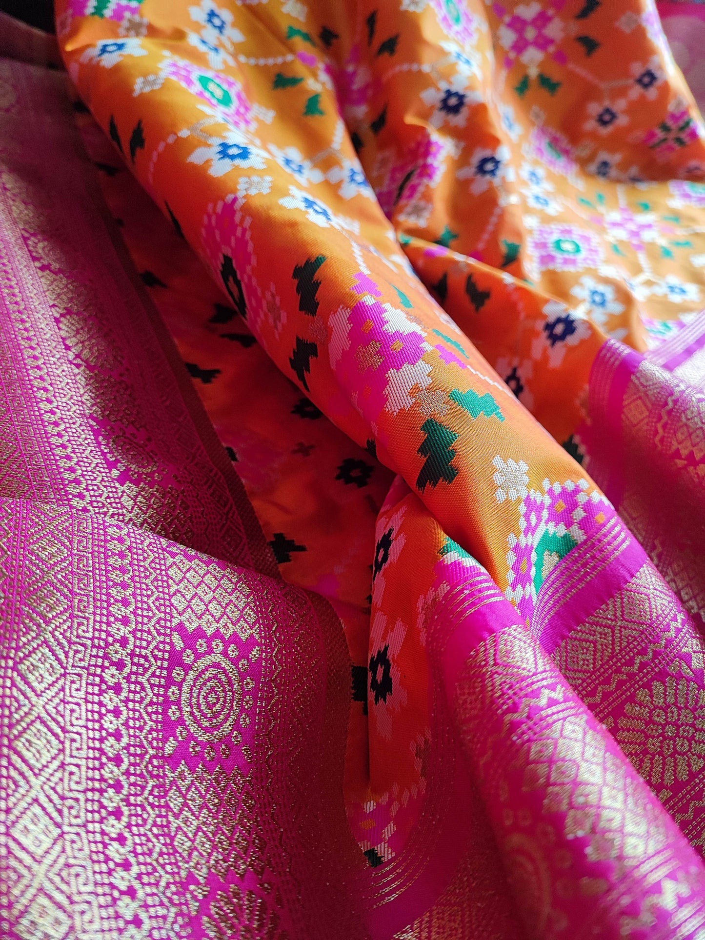 Marigold Yellow & Magenta Patola Silk Saree With Zari Border