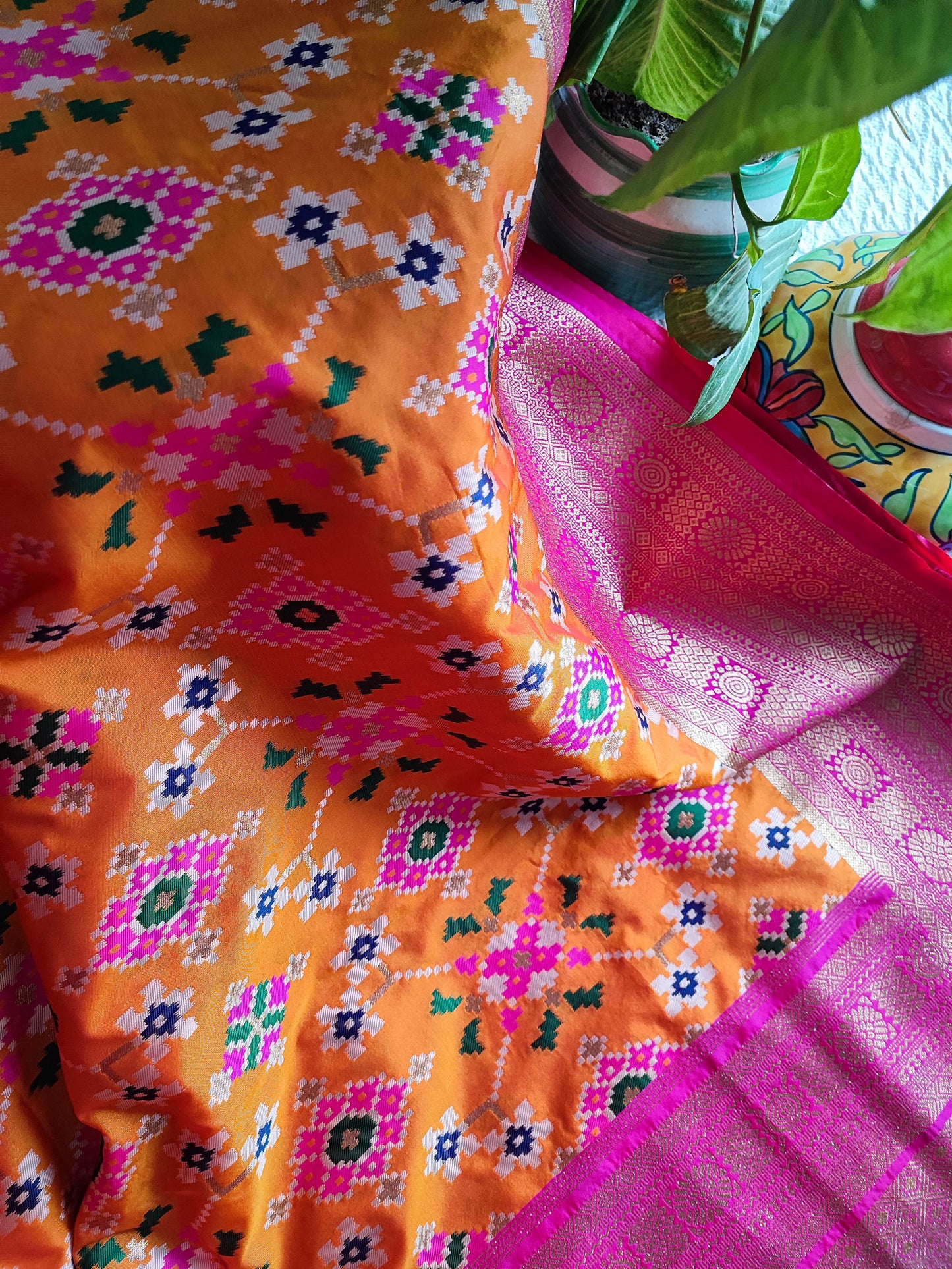 Marigold Yellow & Magenta Patola Silk Saree With Zari Border