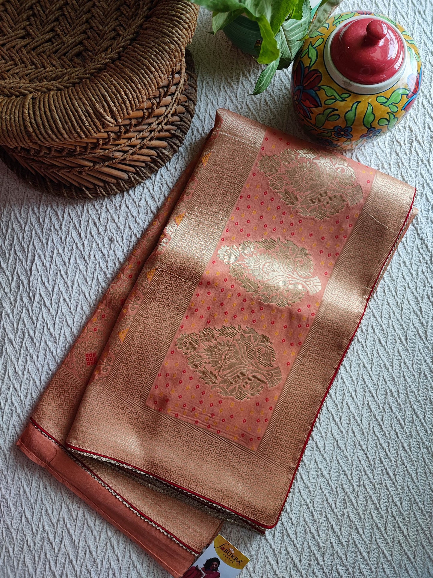 Peach Banarasi Silk Saree with All-Over Meenakari Weaving & Gotta Edging