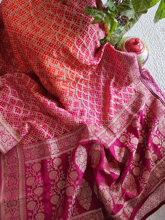 Magenta and Coral Pure Dola Silk Bandhej Saree With Banarasi Border