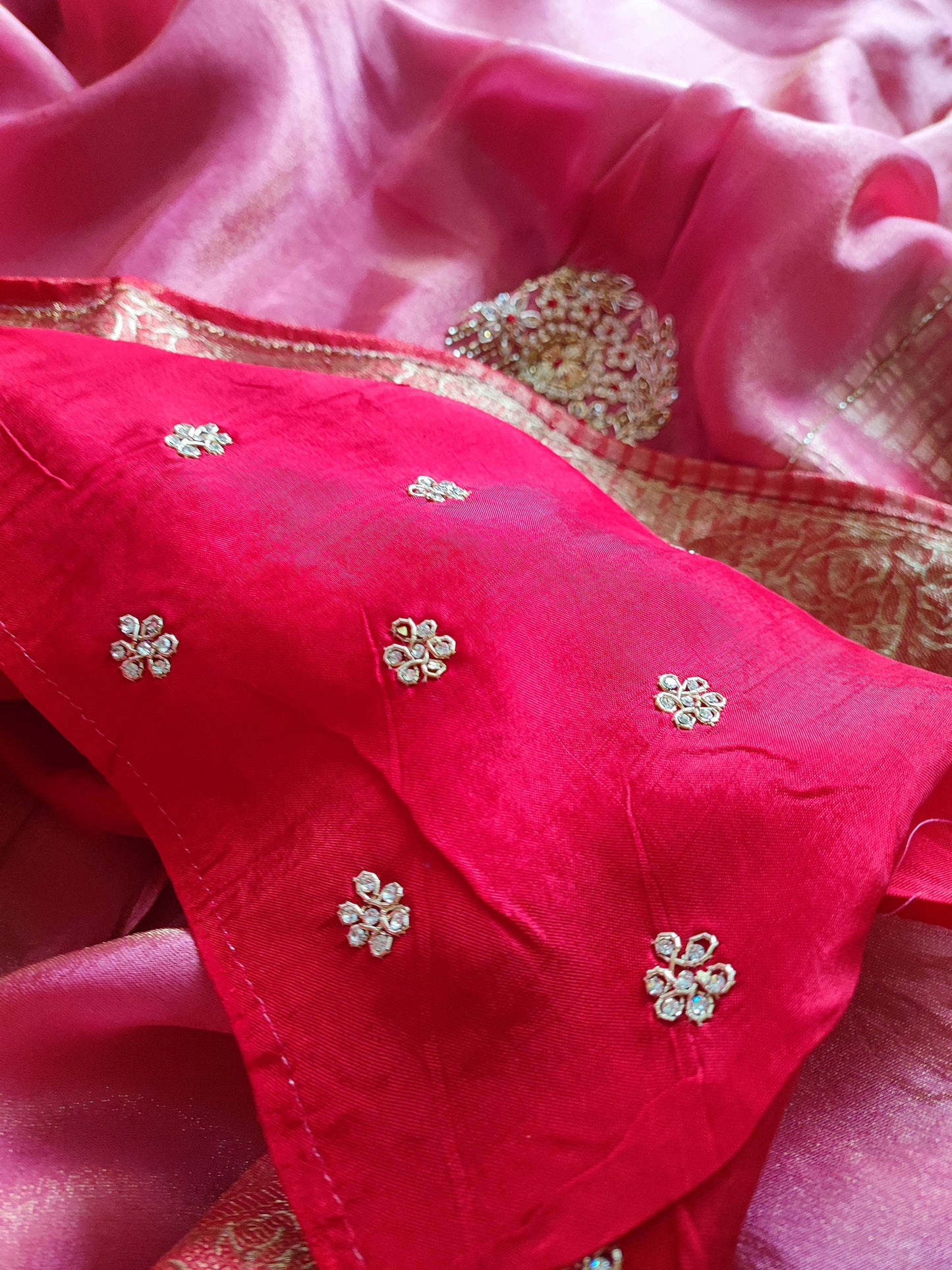 Fushcia Pink Shimmer Georgette Saree With Handwork & Zari Border and Contrast Blouse