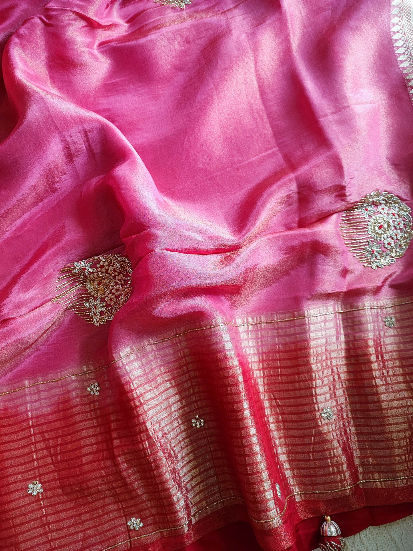 Fushcia Pink Shimmer Georgette Saree With Handwork & Zari Border and Contrast Blouse