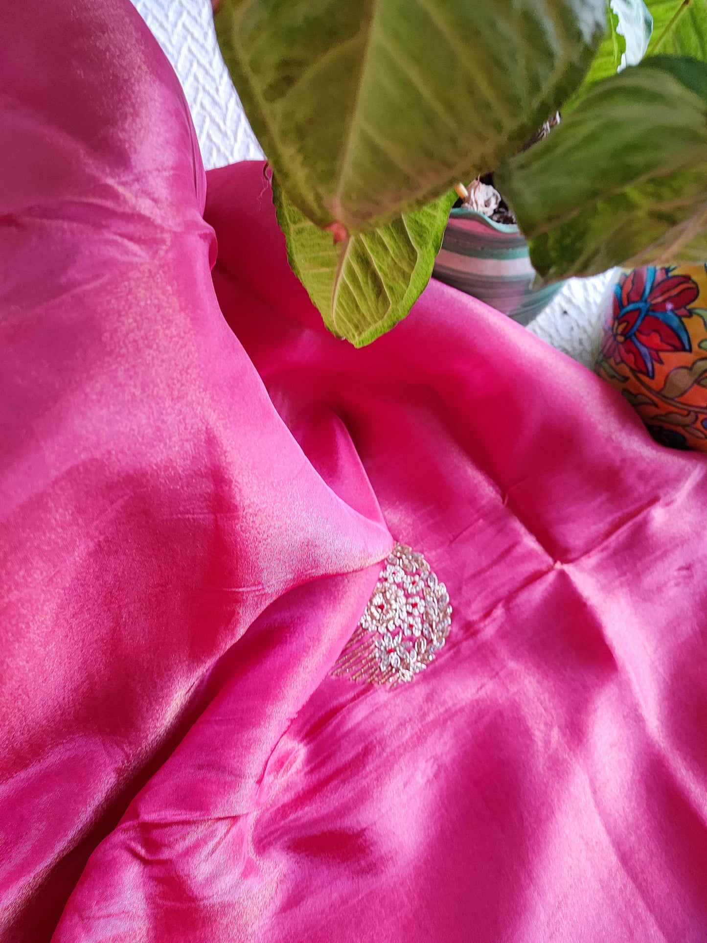 Fushcia Pink Shimmer Georgette Saree With Handwork & Zari Border and Contrast Blouse