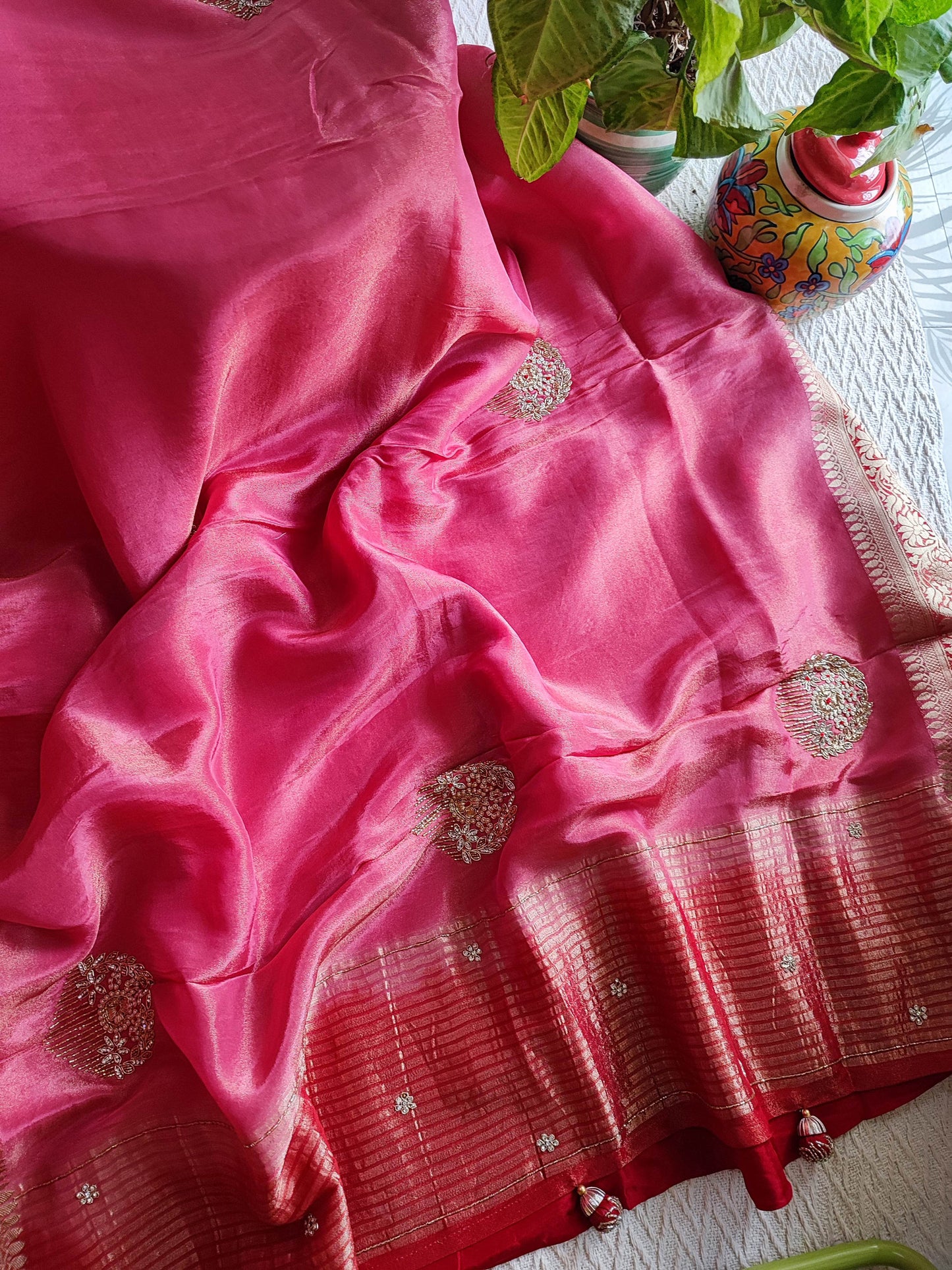 Fushcia Pink Shimmer Georgette Saree With Handwork & Zari Border and Contrast Blouse