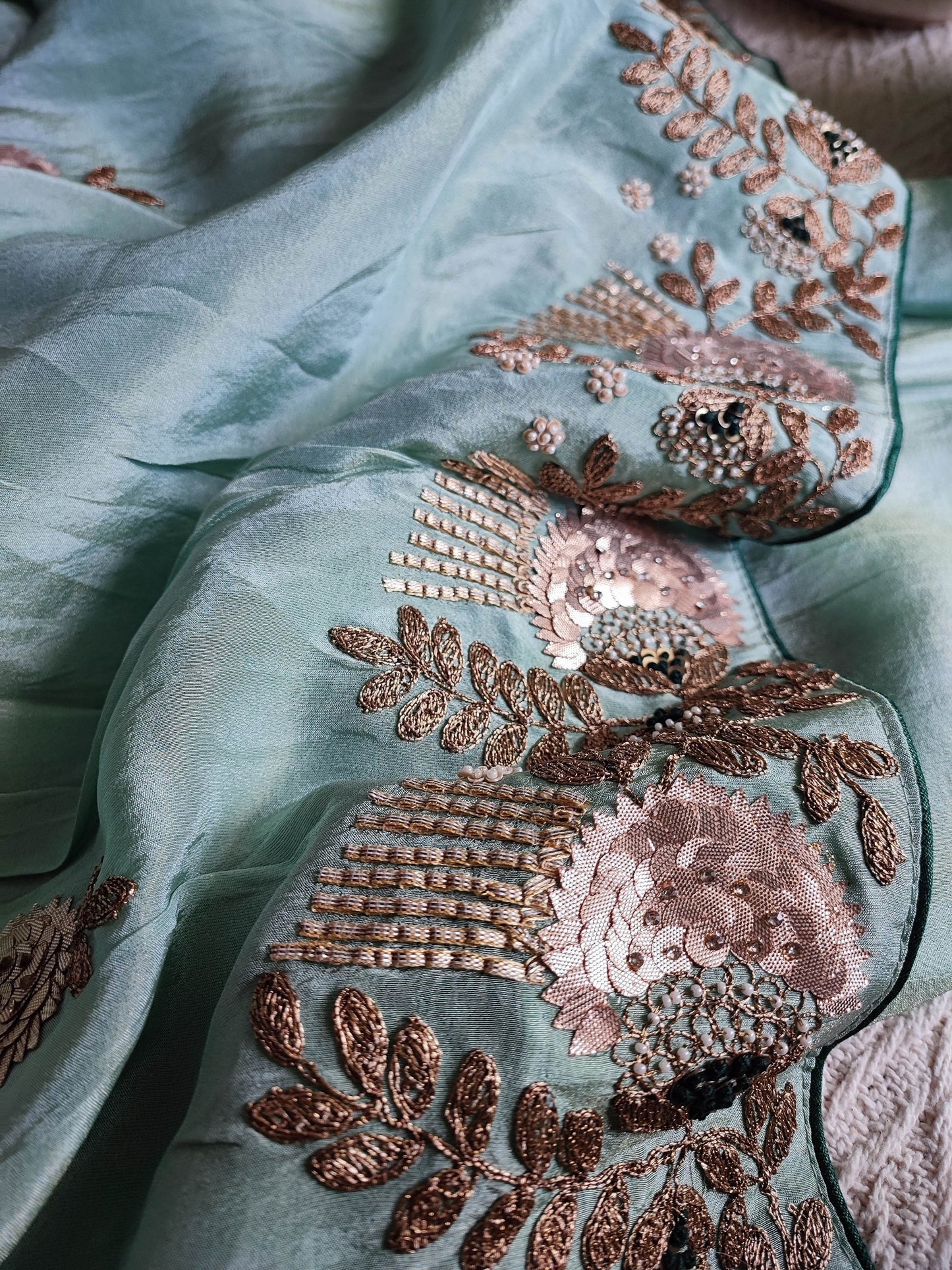 Pastel Blue Georgette Tissue Luxurious Flowy Saree with Gota Patti and Pearl Work