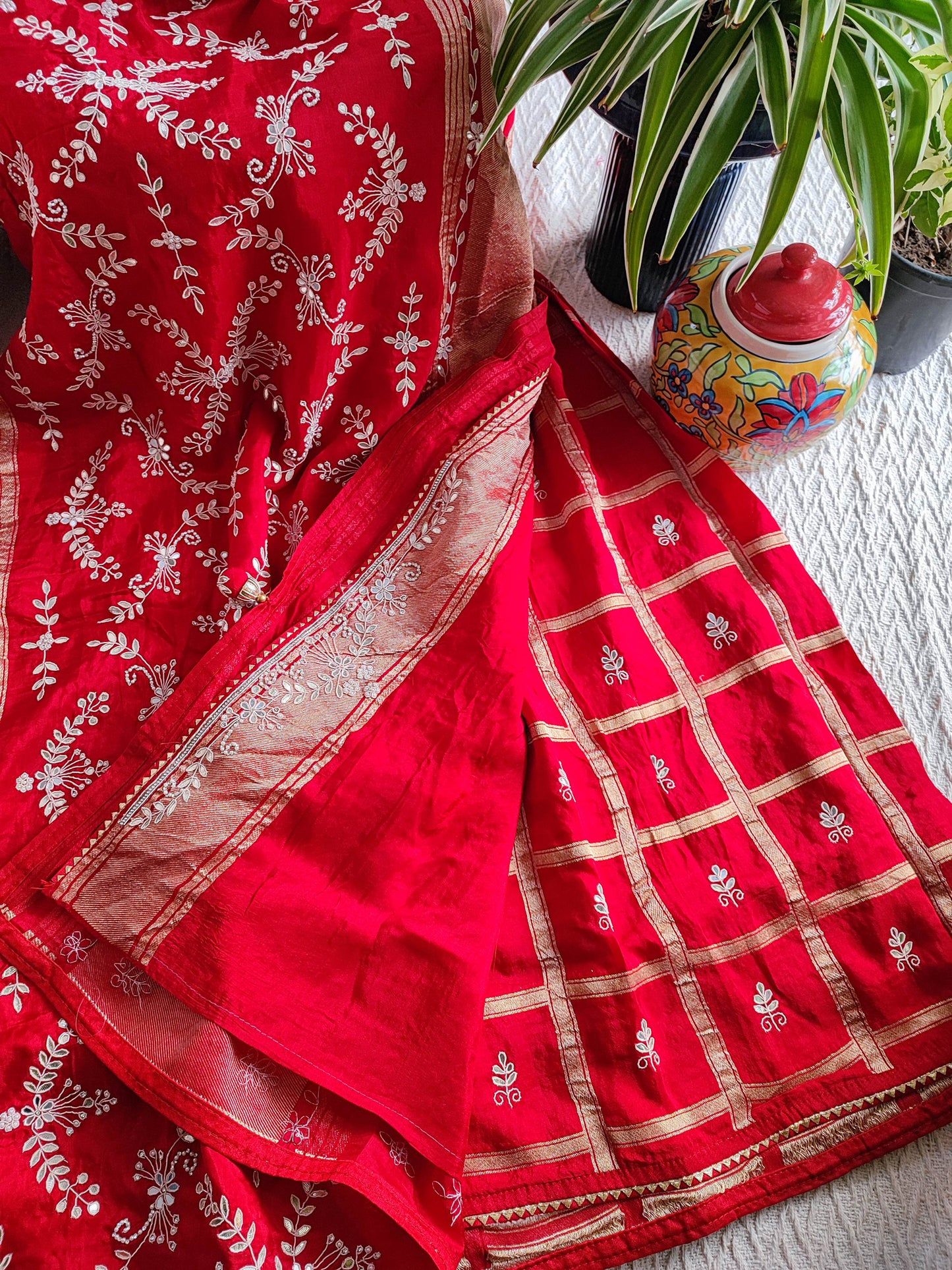 Red Gharchola Silk Saree with All Over Heavy Handwork and Tissue Pallu