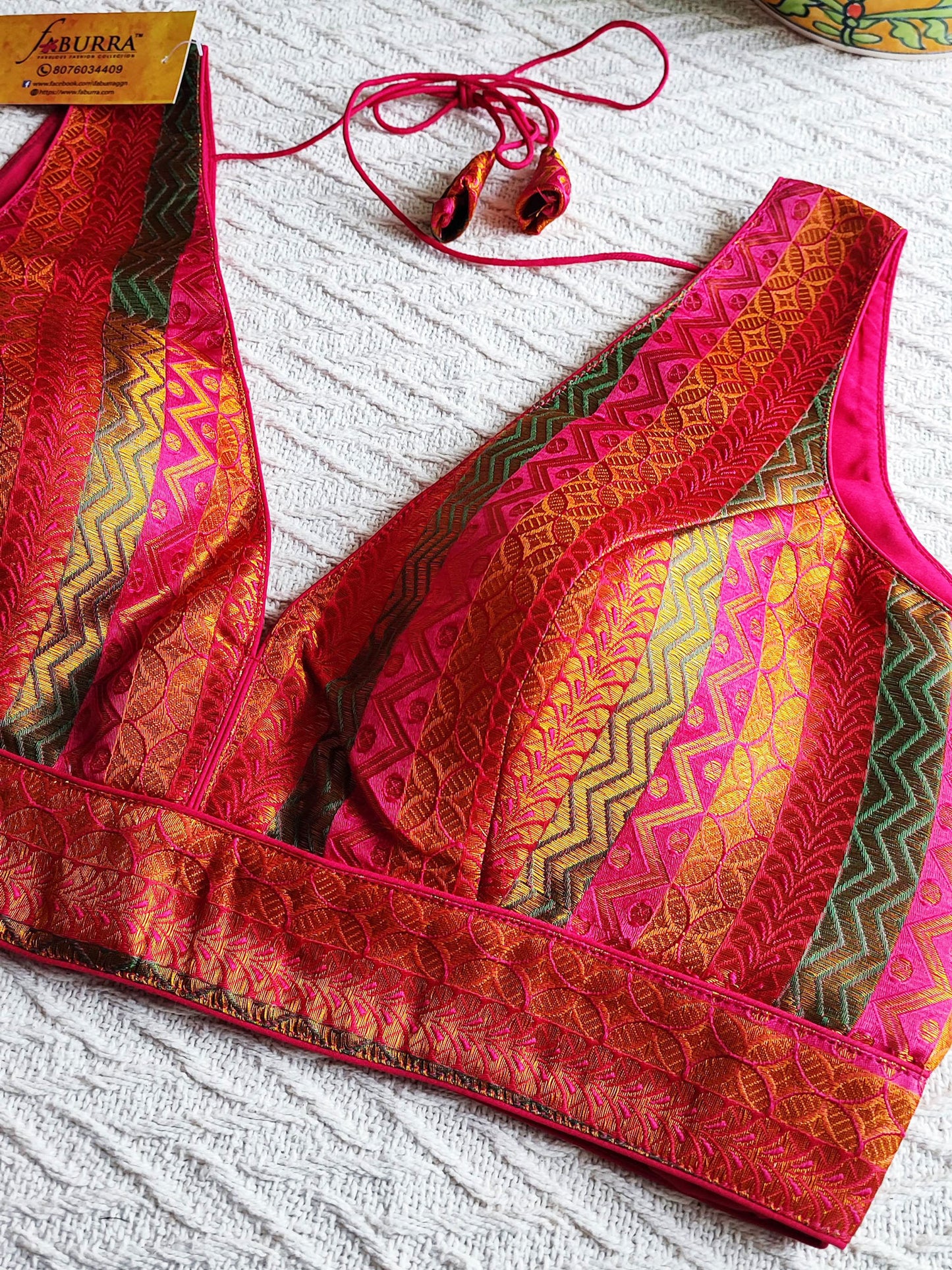 Hot Pink Base Multicolor Striped Brocade Padded Sleeveless Blouse (With Attachable Sleeves)