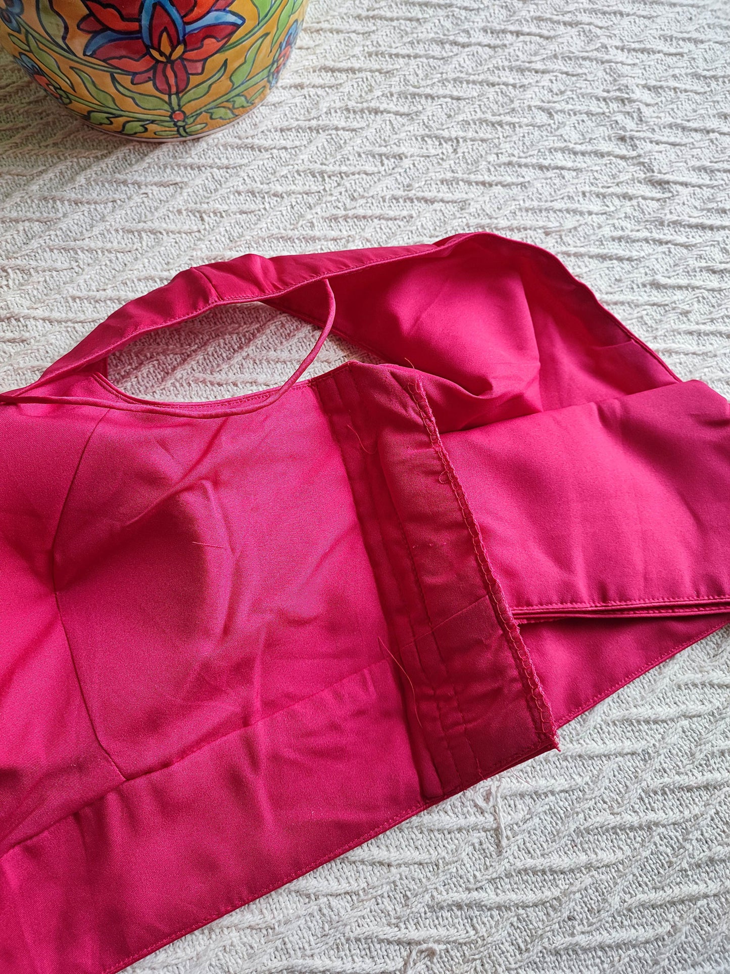 Hot Pink Cotton By Silk Padded Sleeveless Blouse with Broad U Neckline  (With Attachable Sleeves)