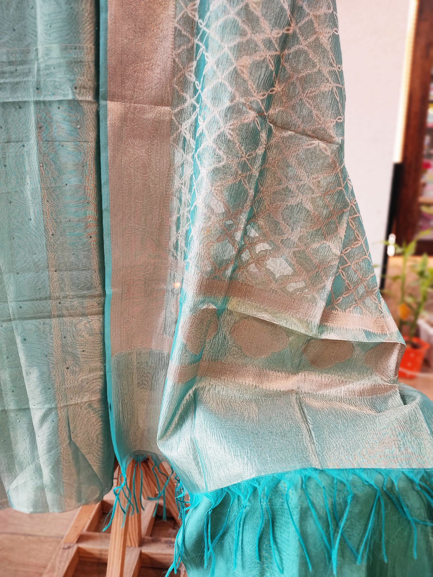 Firozi Tissue Banarasi Silk Suit with neck Handwork