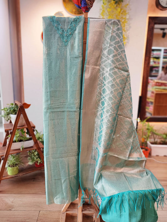 Firozi Tissue Banarasi Silk Suit with neck Handwork