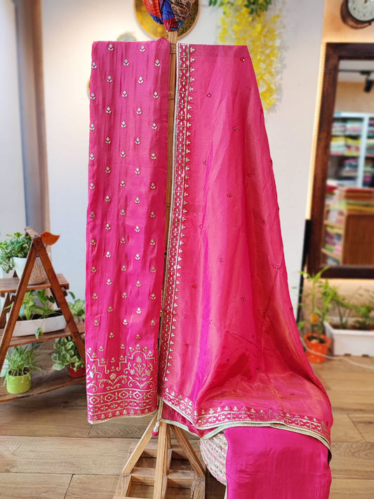 Deep Pink Shimmer Georgette Suit With Handwork and Gotta Patti Dupatta