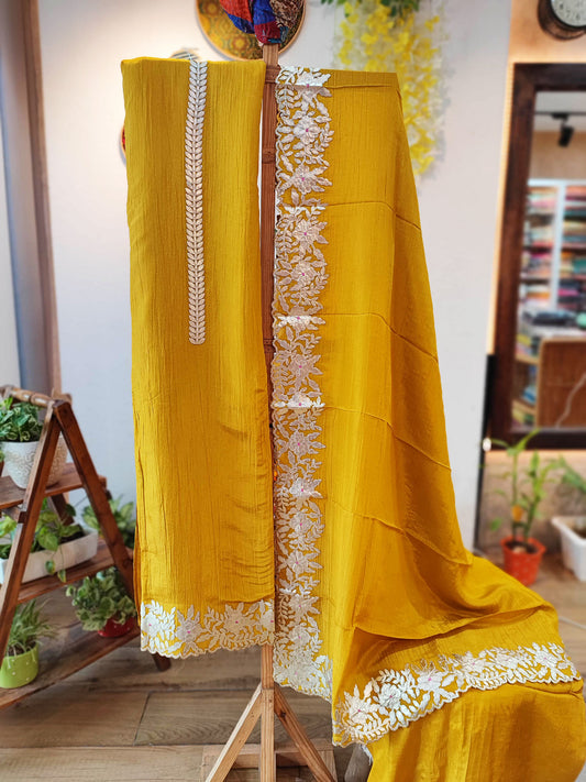 Mustard Color Shimmer Georgette With Cut-Lace Silver Handwork