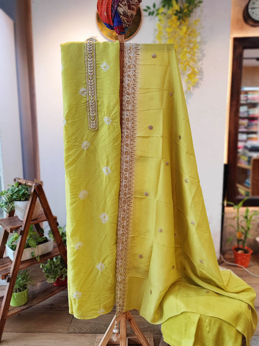 Citrine Yellow Dola Silk Suit with Handwork on Neckline & Dola Silk Dupatta with Zari Border