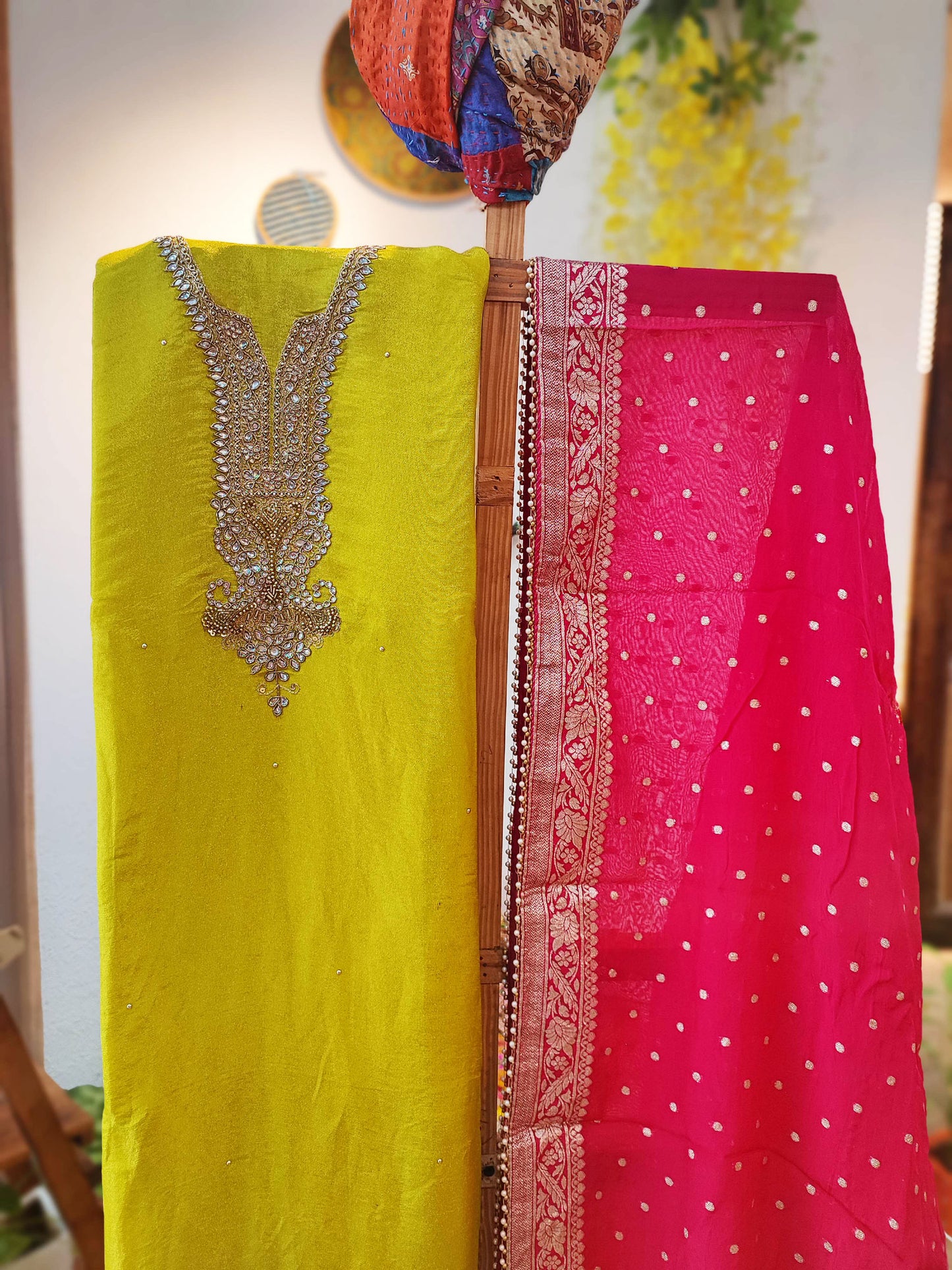 Citrine Yellow Dola Silk Suit with Handwork on Neckline & Pinkish Red Banarasi Dupatta with Zari Border