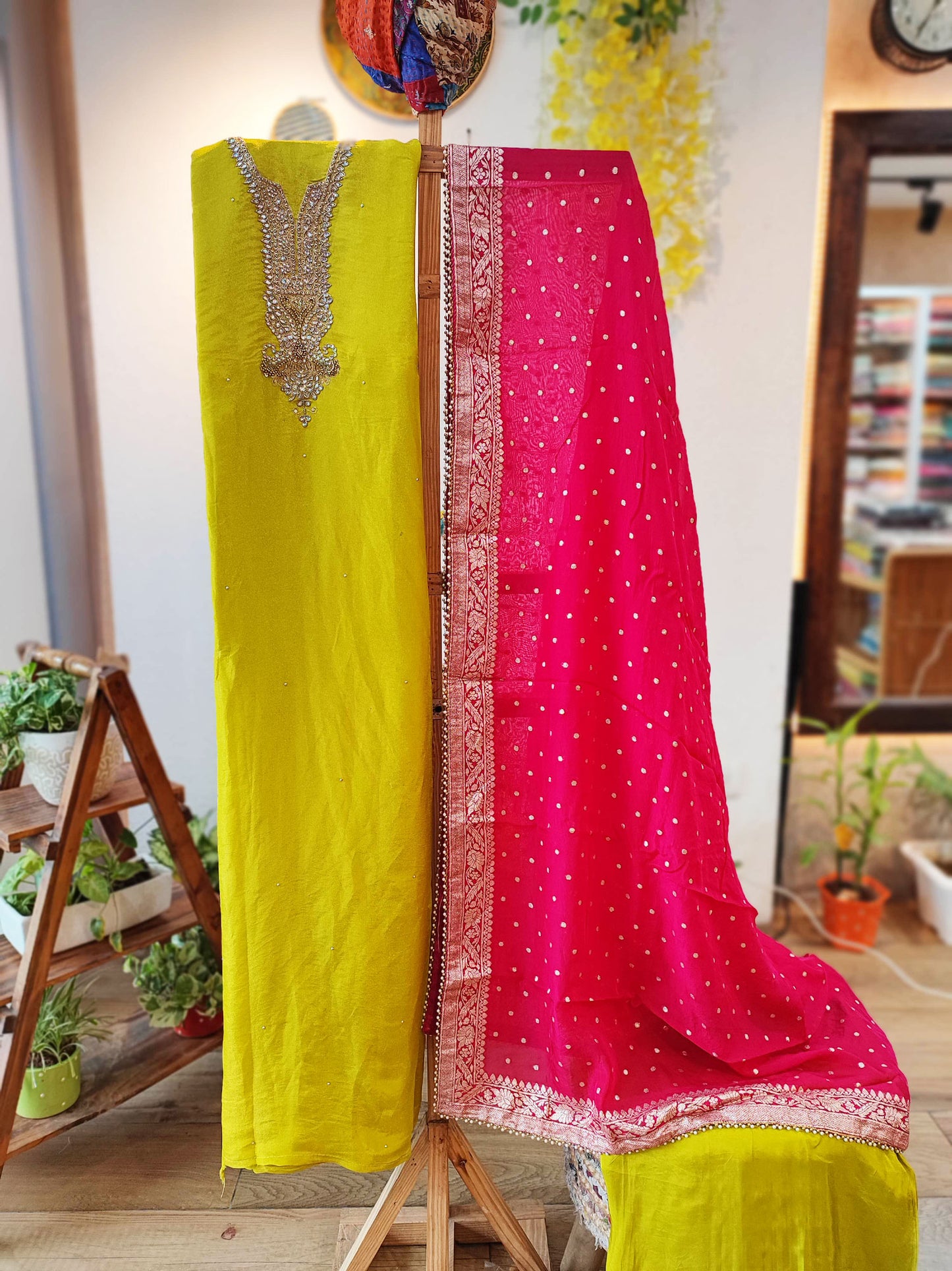 Citrine Yellow Dola Silk Suit with Handwork on Neckline & Pinkish Red Banarasi Dupatta with Zari Border