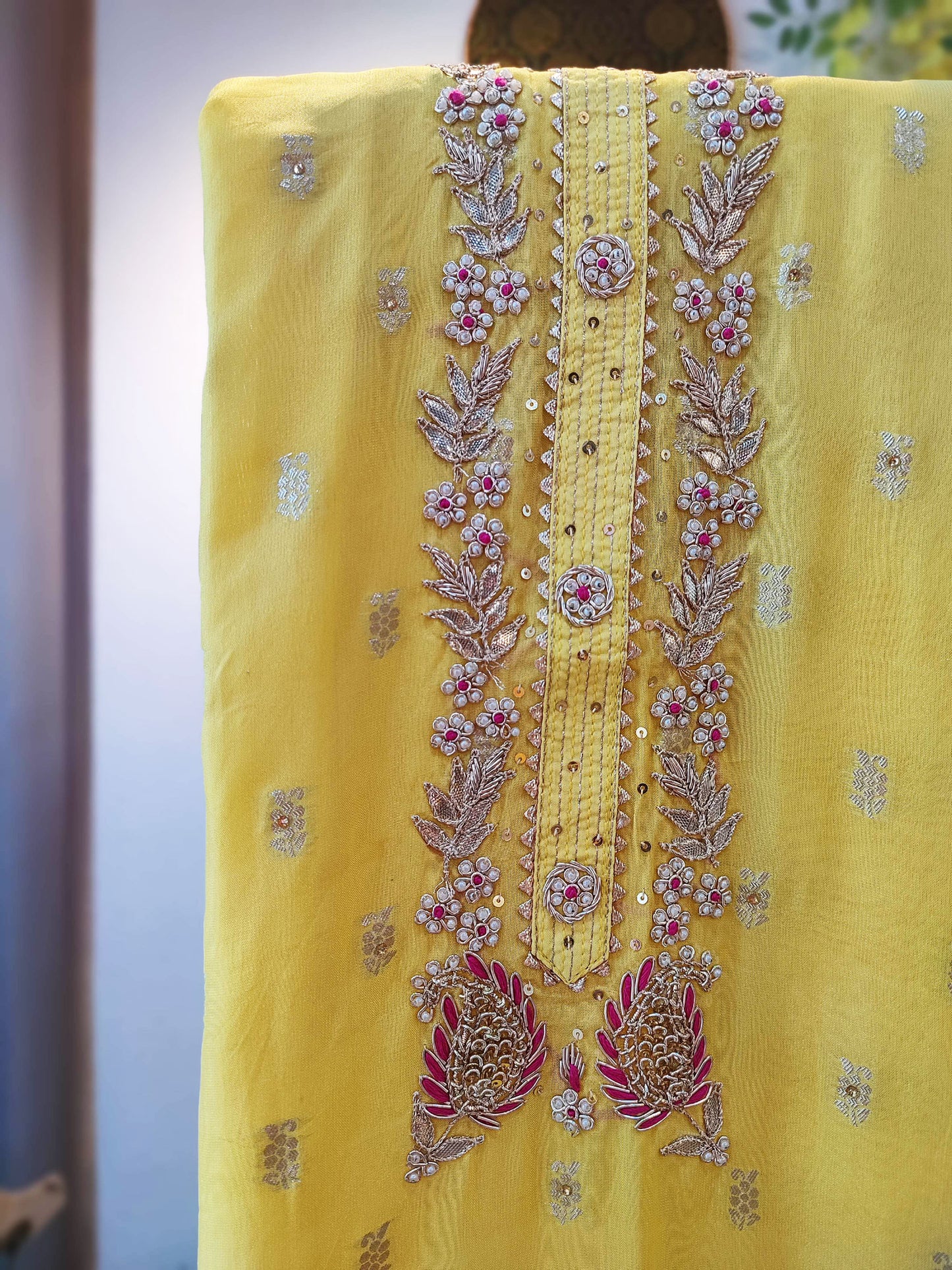 Lemon Yellow Dola Banarasi Silk Suit & Pink Semi Organza Pink Dupatta with Handwork on Neckline and Dupatta