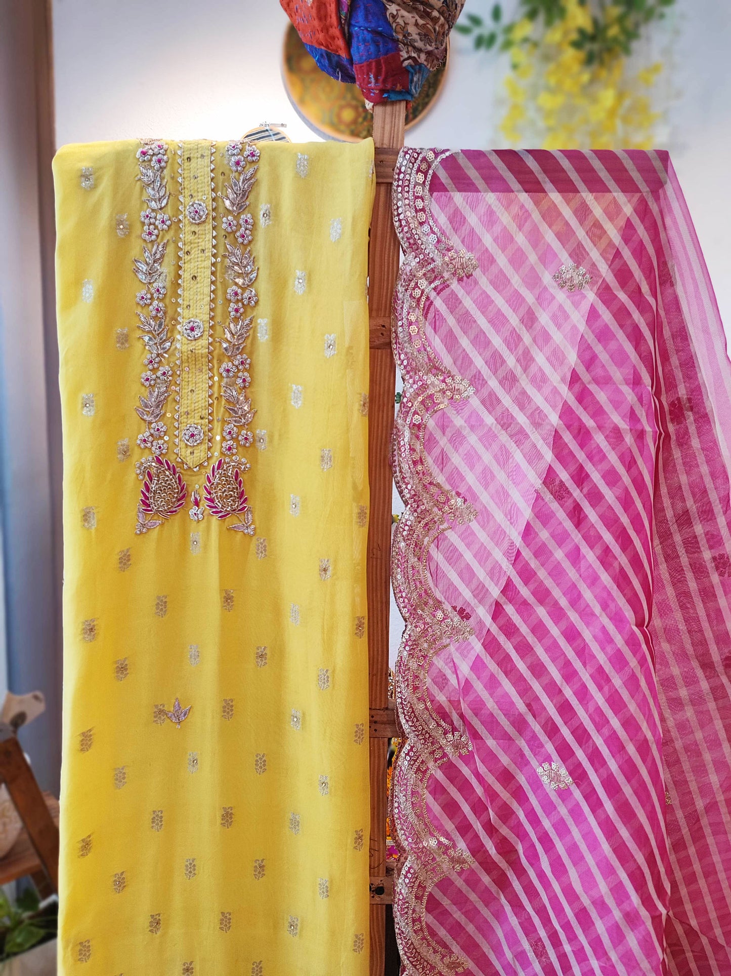 Lemon Yellow Dola Banarasi Silk Suit & Pink Semi Organza Pink Dupatta with Handwork on Neckline and Dupatta