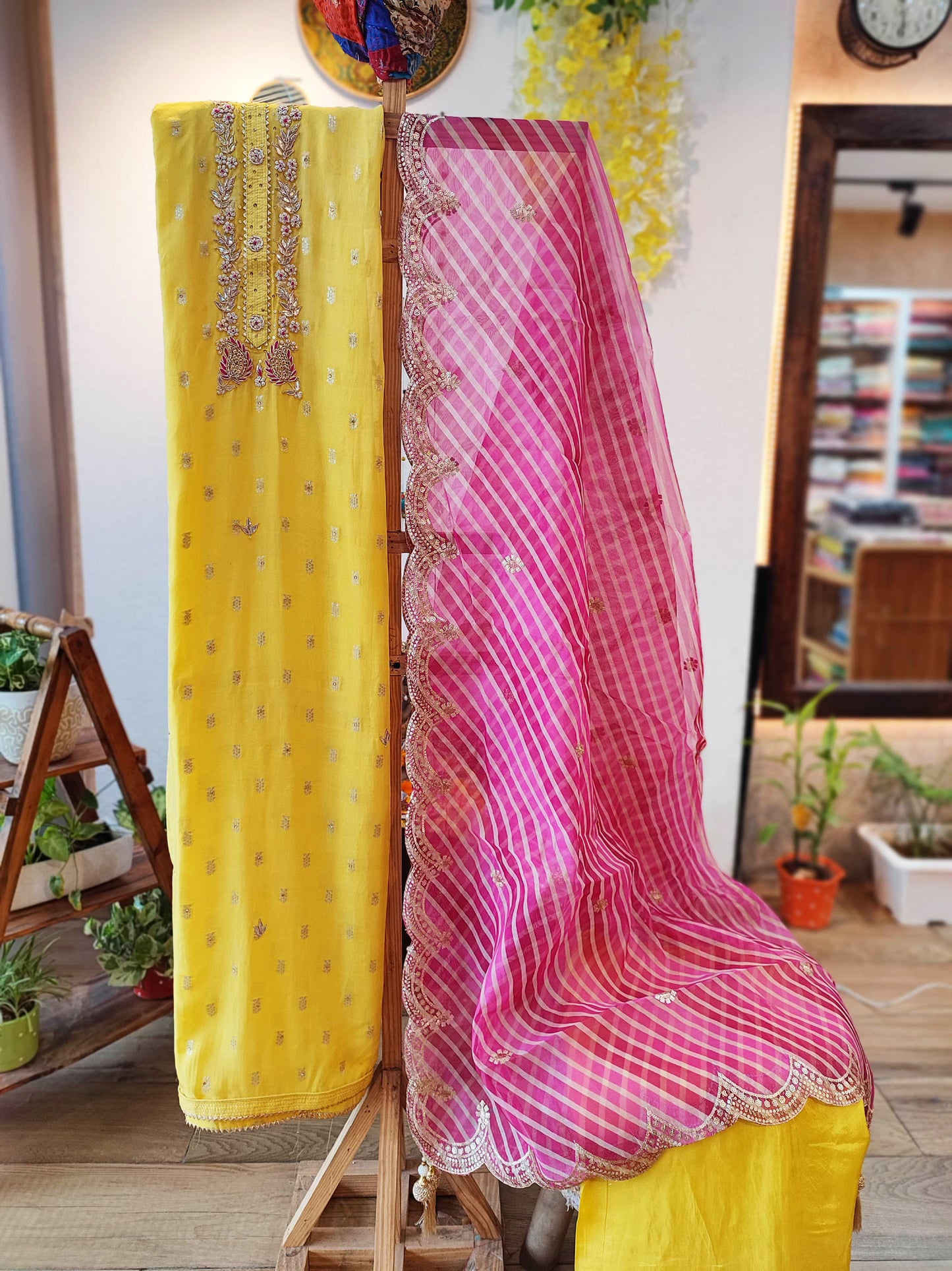 Lemon Yellow Dola Banarasi Silk Suit & Pink Semi Organza Pink Dupatta with Handwork on Neckline and Dupatta