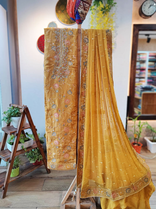 Saffron Yellow Banarasi Silk Suit With Handwork on Neckline & Chiffon Dupatta with All Over Weaving