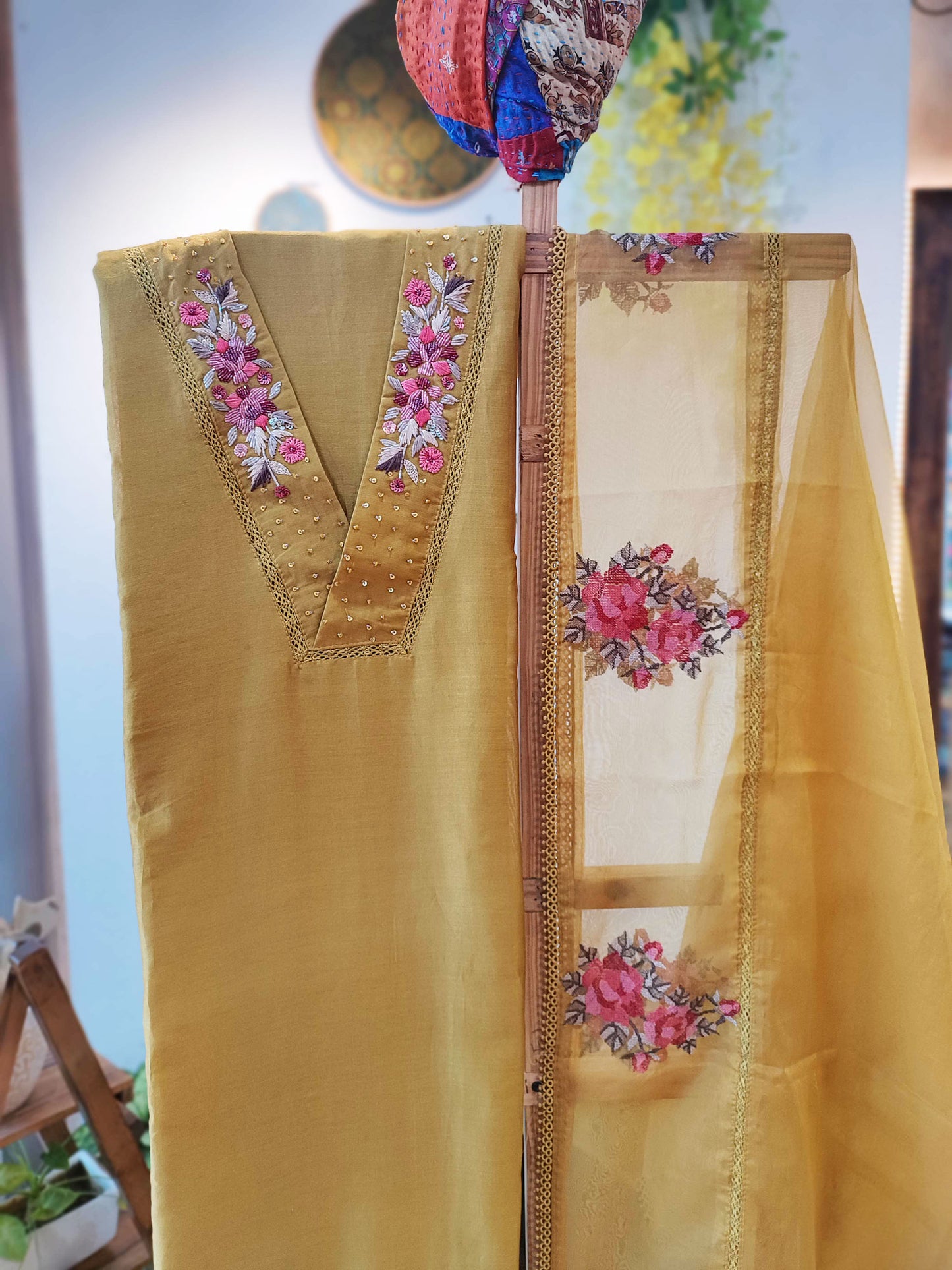 Light Ochre Chanderi Suit With Chiffon Dupatta With Embroidery on Neckline and Dupatta