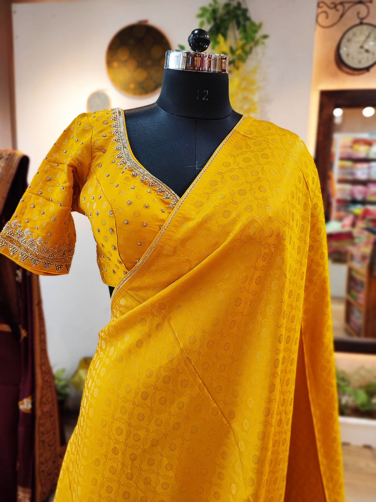 Amber Yellow Shimmer Georgette Saree With Handwork and Designer Padded Handwork Sweetheart Neck Blouse